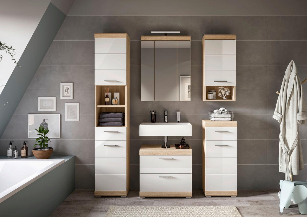 Badezimmer Lambada Eiche Dekor/weiß B: 134 Cm - Weiß Hochglanz/Silberfarben, MODERN, Glas/Holzwerkstoff (134cm) - MID.YOU