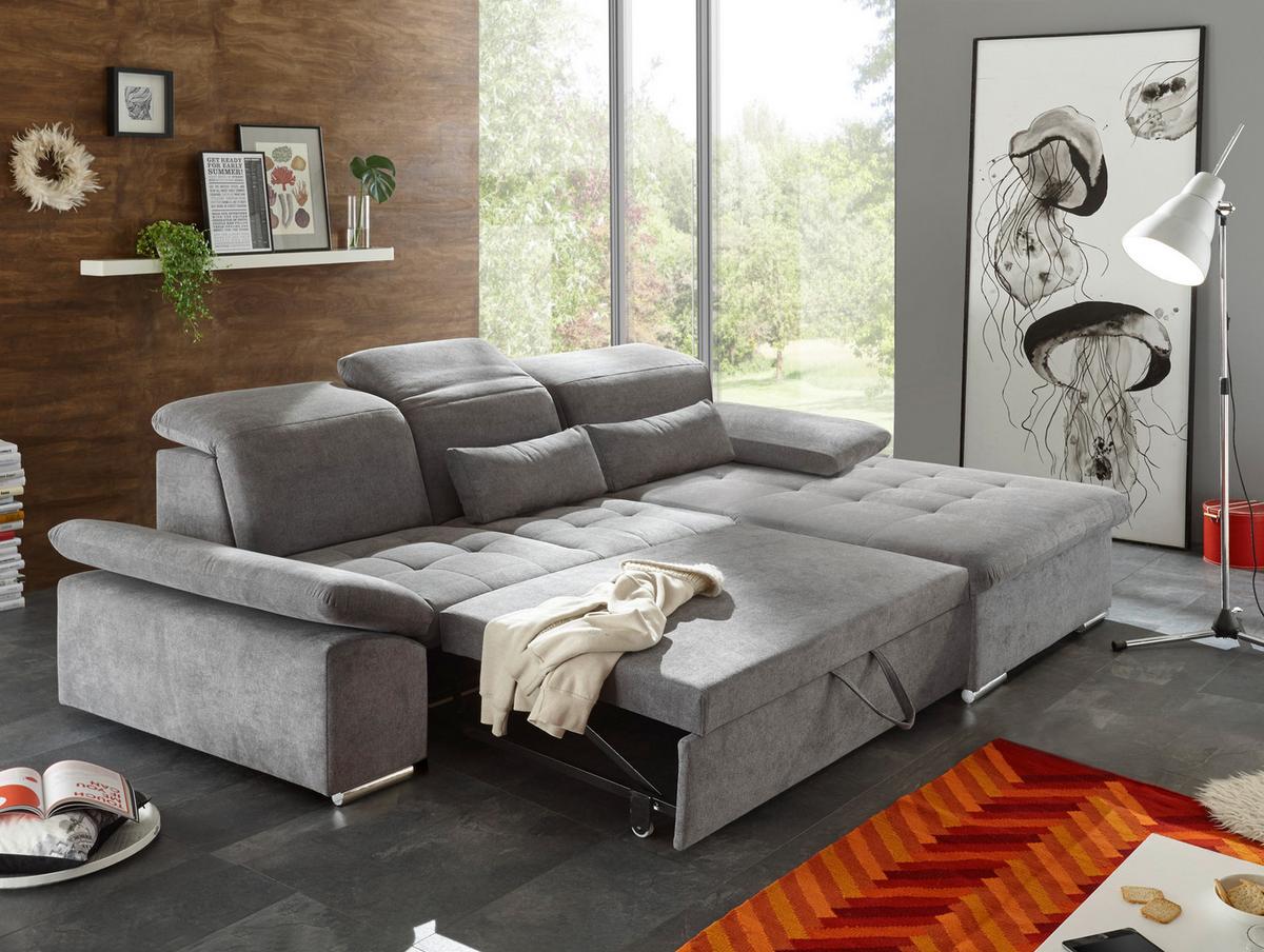 Ecksofa mit Schlaffunktion + Bettkasten Wayne, Webstoff - Silberfarben/Grau, KONVENTIONELL, Holzwerkstoff/Textil (276/188cm) - MID.YOU