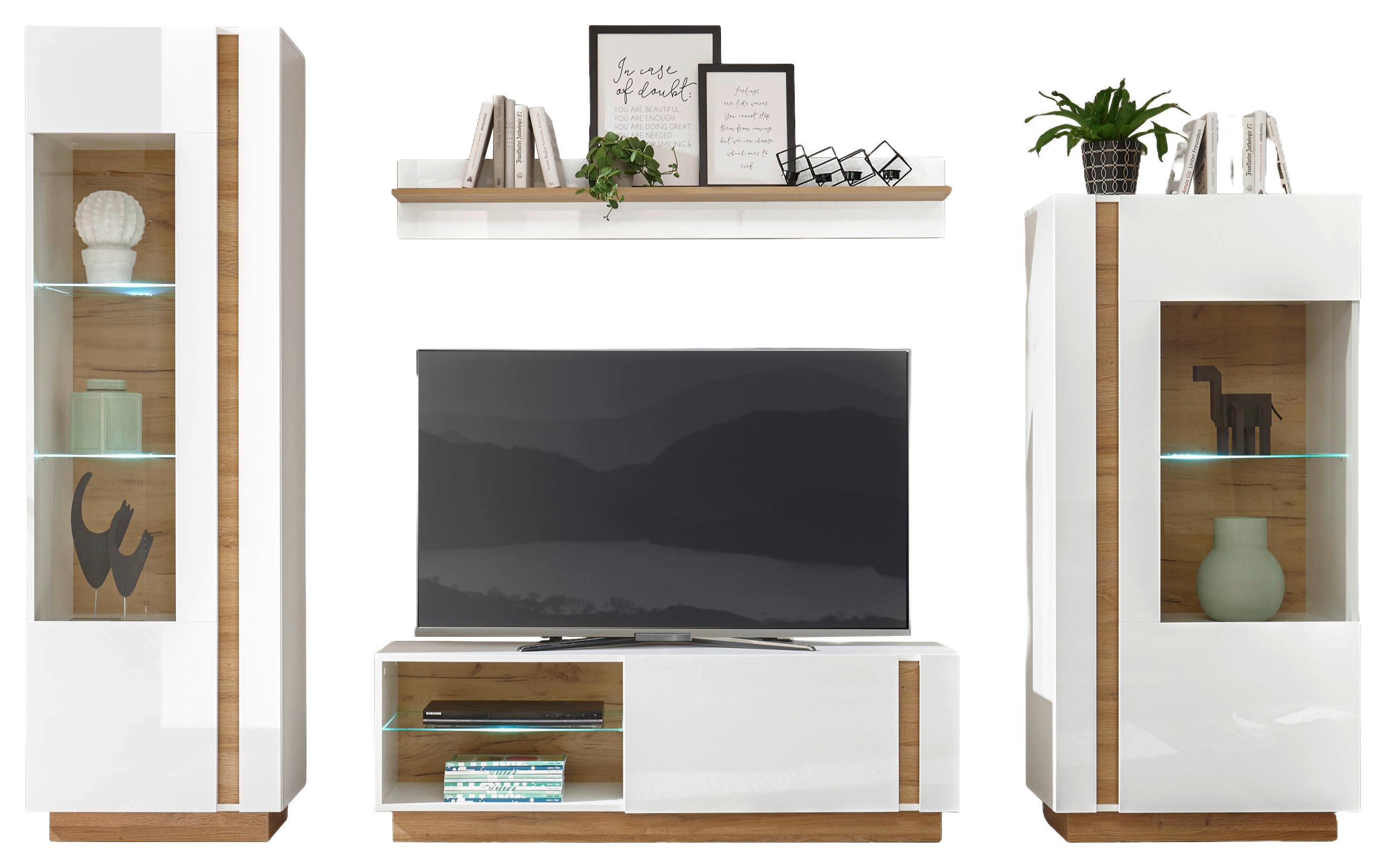 Wohnwand Clair Weiß/Eichefarben B: 290cm - Eichefarben/Weiß, Design, Glas/Holzwerkstoff (290/194/40cm) - MID.YOU