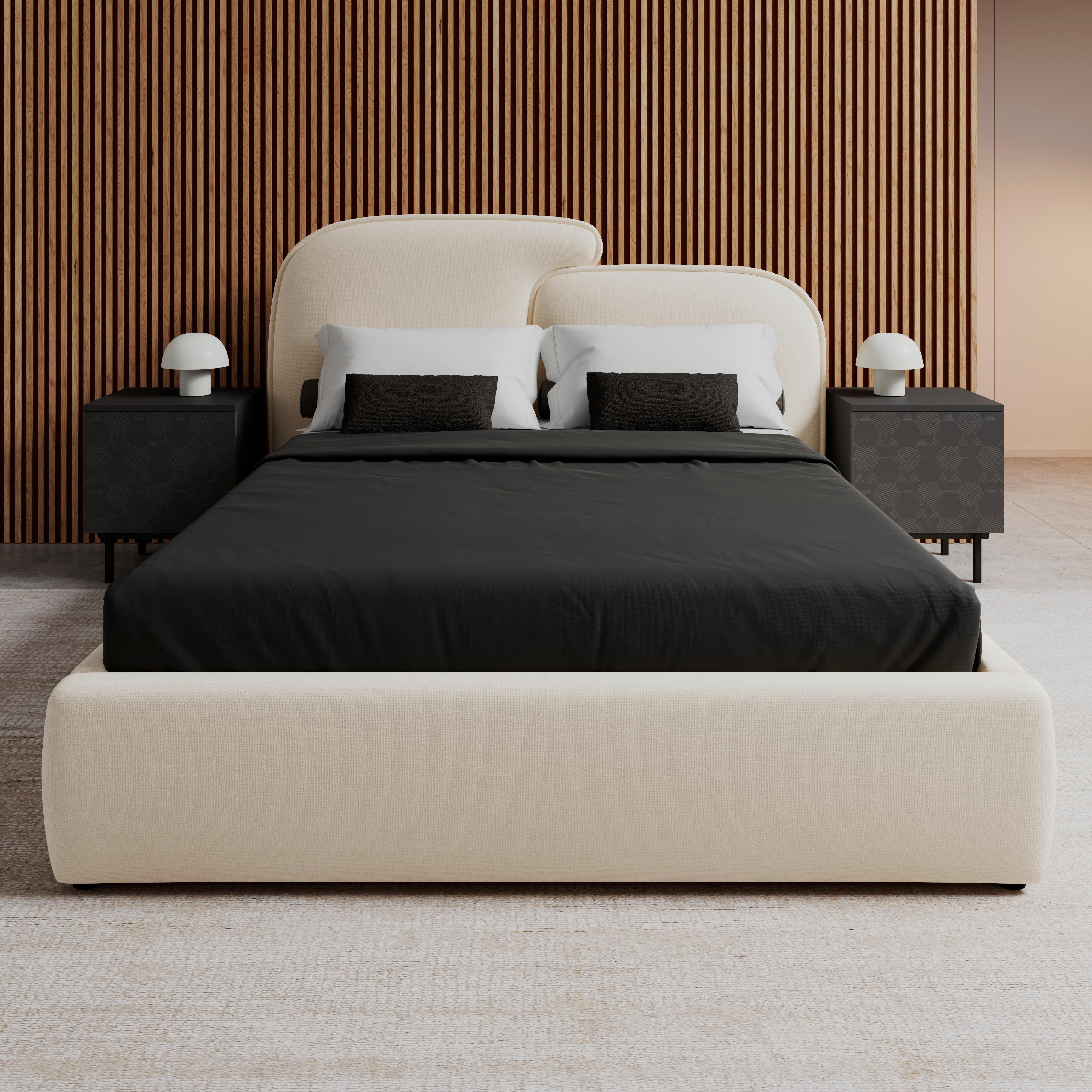 Čalouněná postel EMBRACE 160x200 cm, slonovinová - černá/barvy dubu, Moderní, kov/dřevo (160/200cm) - Bessagi Home