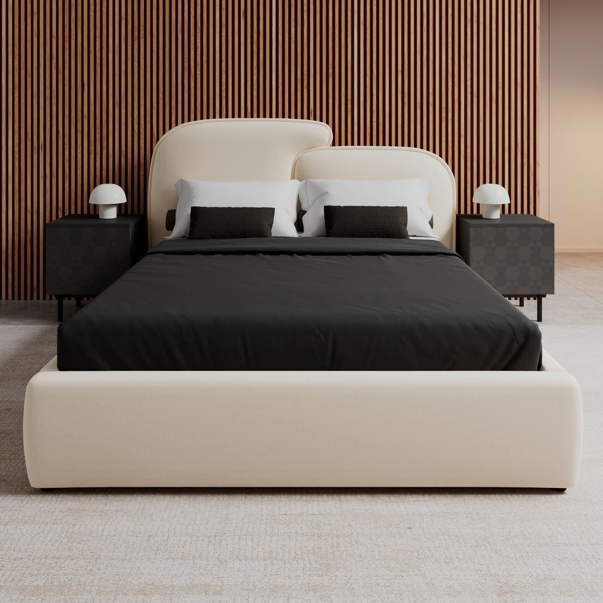 Čalouněná postel EMBRACE 160x200 cm, slonovinová - černá/barvy dubu, Moderní, kov/dřevo (160/200cm) - Bessagi Home