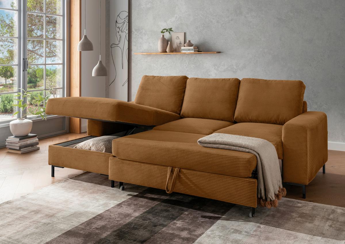 Eckschlafsofa Zona, Goldfarben S: 143x237 Cm - Goldfarben/Schwarz, KONVENTIONELL, Textil (143/237cm) - Livetastic