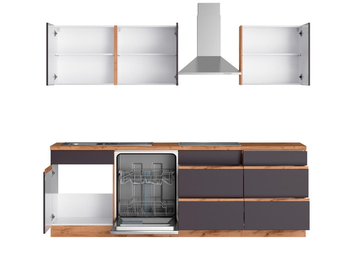 Zweizeilige Küche Turin 390 cm mit Geräten Grau/Eiche Dekor - Eiche Wotan/Grau, Design, Holzwerkstoff (240-150cm) - Held