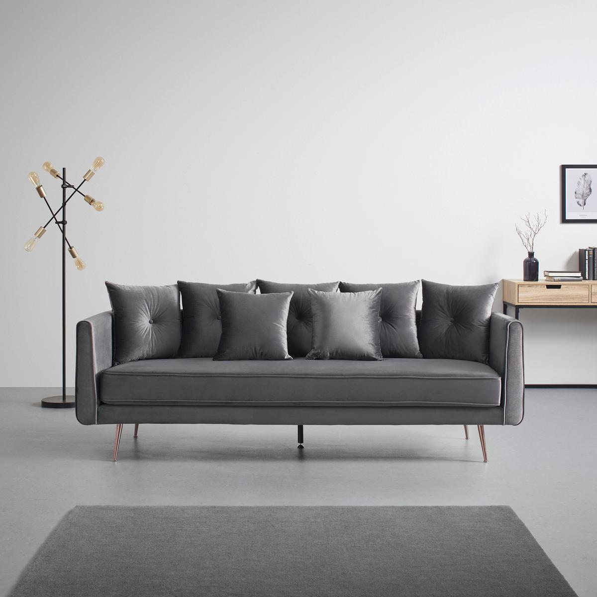 Veľká pohovka LUIS, sivý zamat - sivá/ružové zlato, Modern, kov/drevo (225/87/87cm) - Bessagi Home