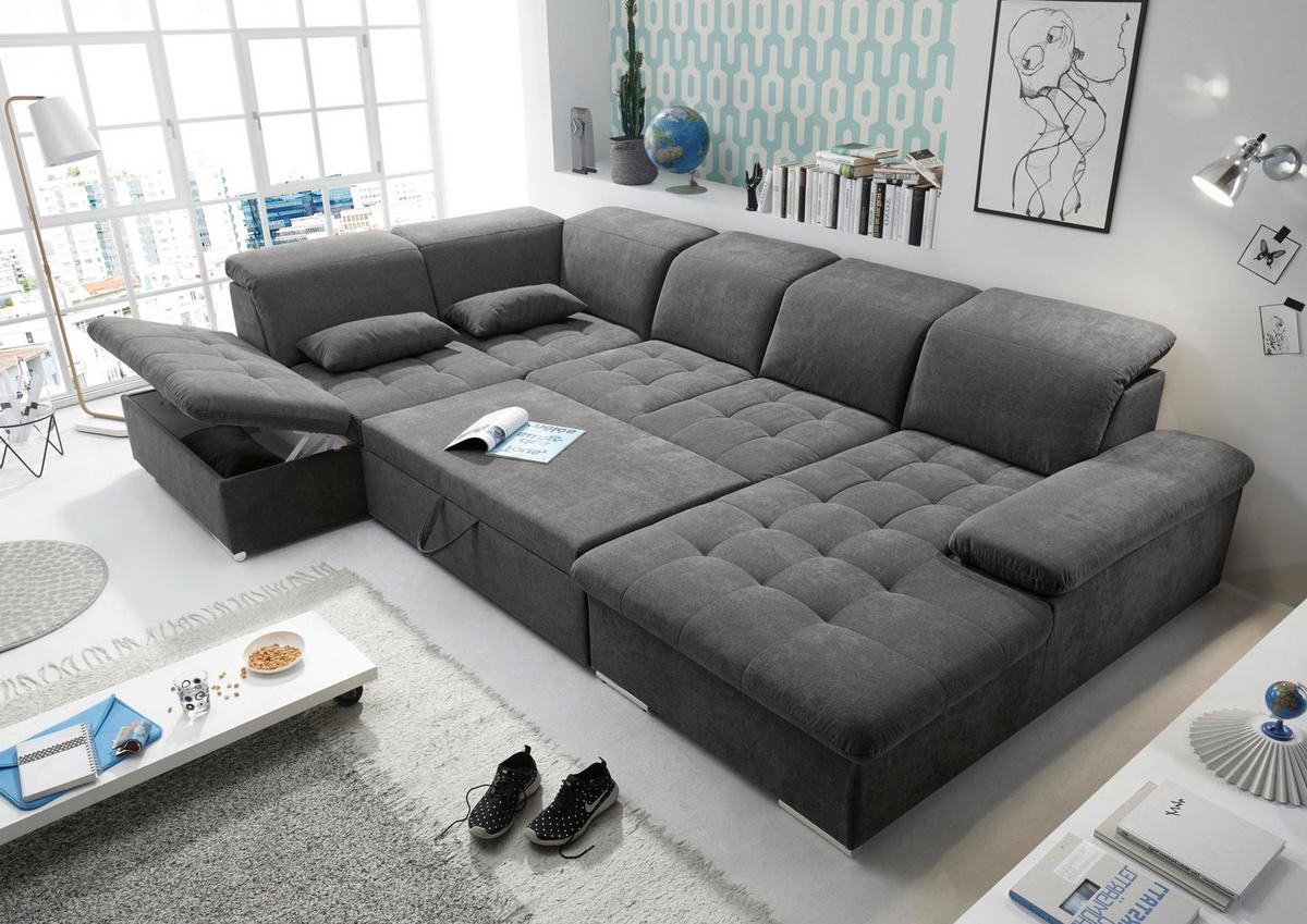 Rozkládací sedací souprava Wayne U, tmavě šedá - barvy stříbra/tmavě šedá, Konvenční, textil/plast (240/340/188cm) - MID.YOU