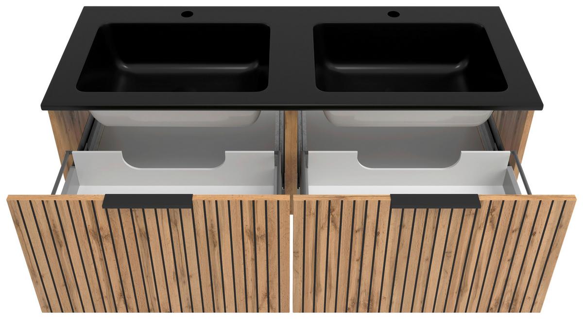 Waschbecken mit Unterschrank Chester B: 120 cm - Eiche Wotan/Schwarz, MODERN, Holzwerkstoff/Stein (120cm) - Held