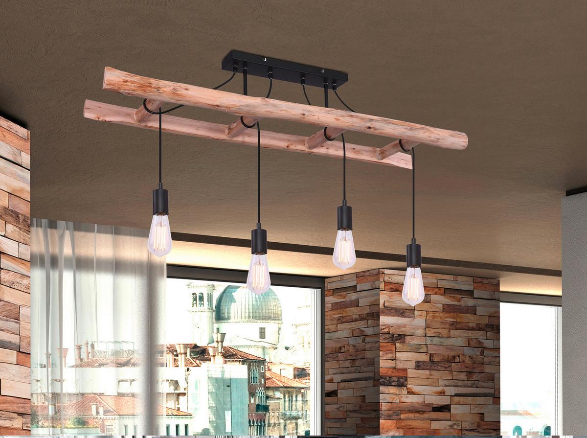 Deckenleuchte H: 80 cm 4-Flammig, Holzleiter - Schwarz/Naturfarben, Natur, Holz/Metall (115/30/80cm) - Globo