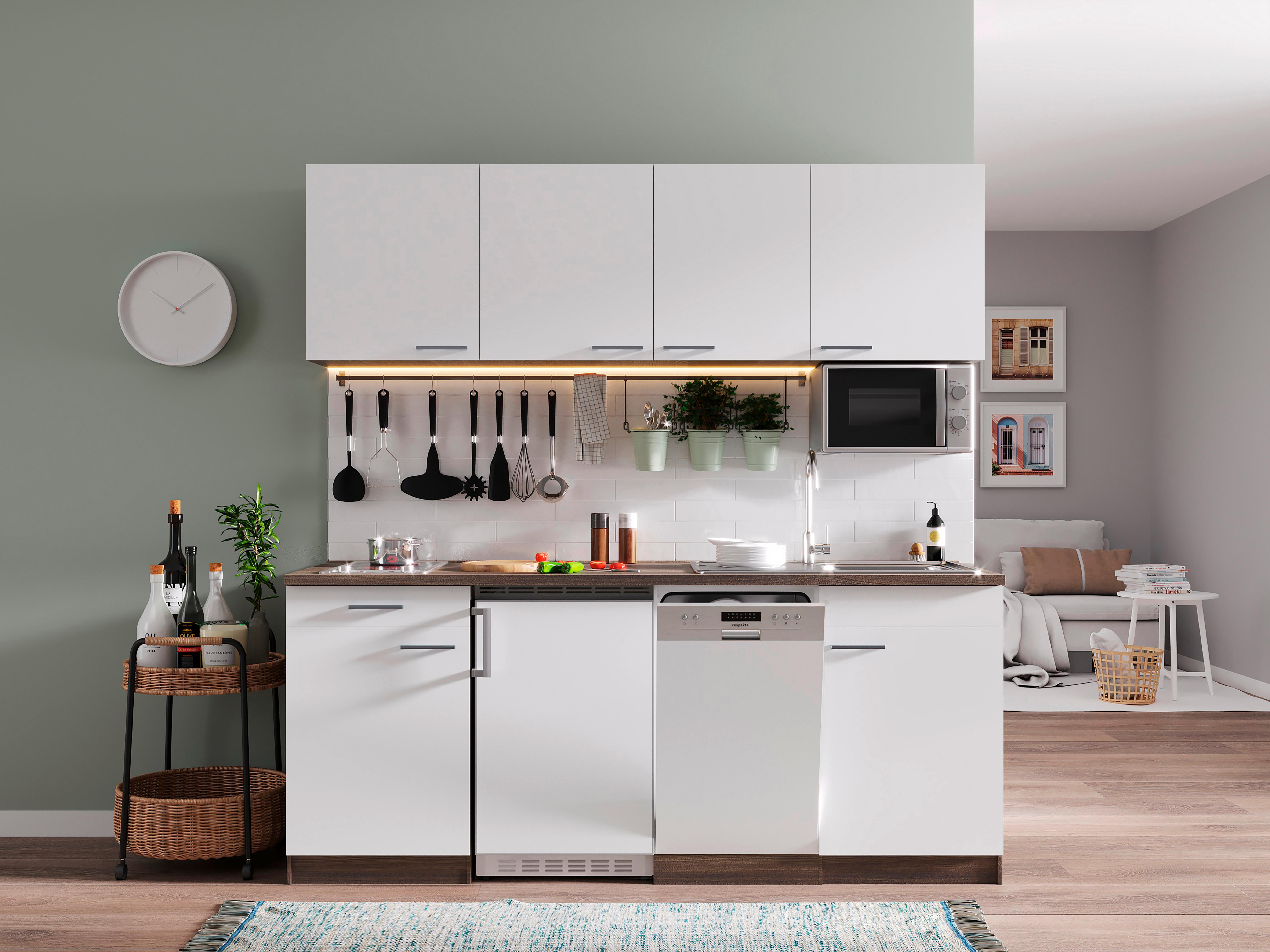 Küchenzeile Economy M. Geräten 195 Cm Weiß/eiche Dekor Modern - Eichefarben/Weiß, Basics, Holzwerkstoff (195cm) - Respekta