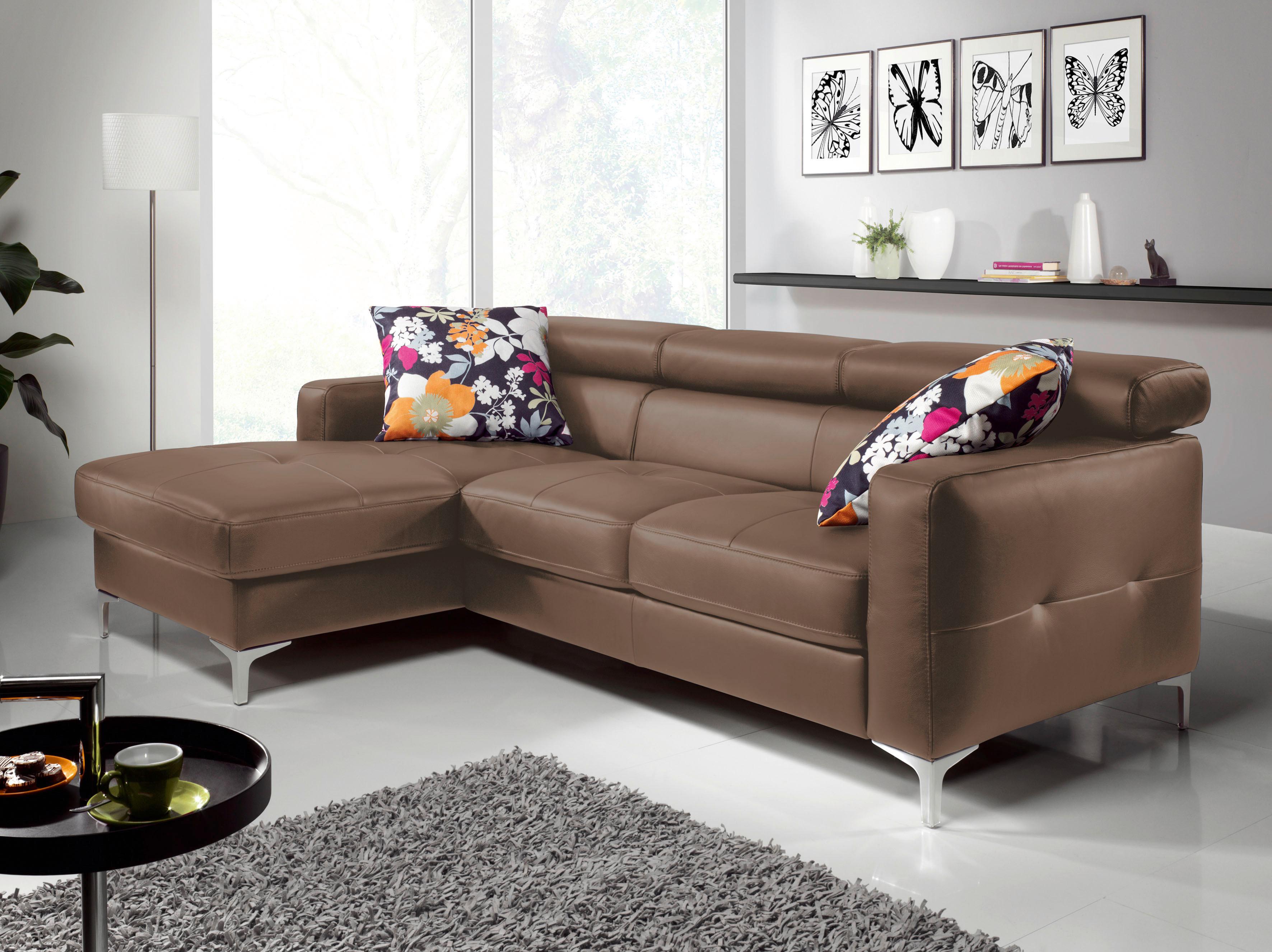 Ecksofa Mit Schlaffunktion Sammy Braun Leder - Chromfarben/Graubraun, Design, Leder (168/227cm) - Livetastic
