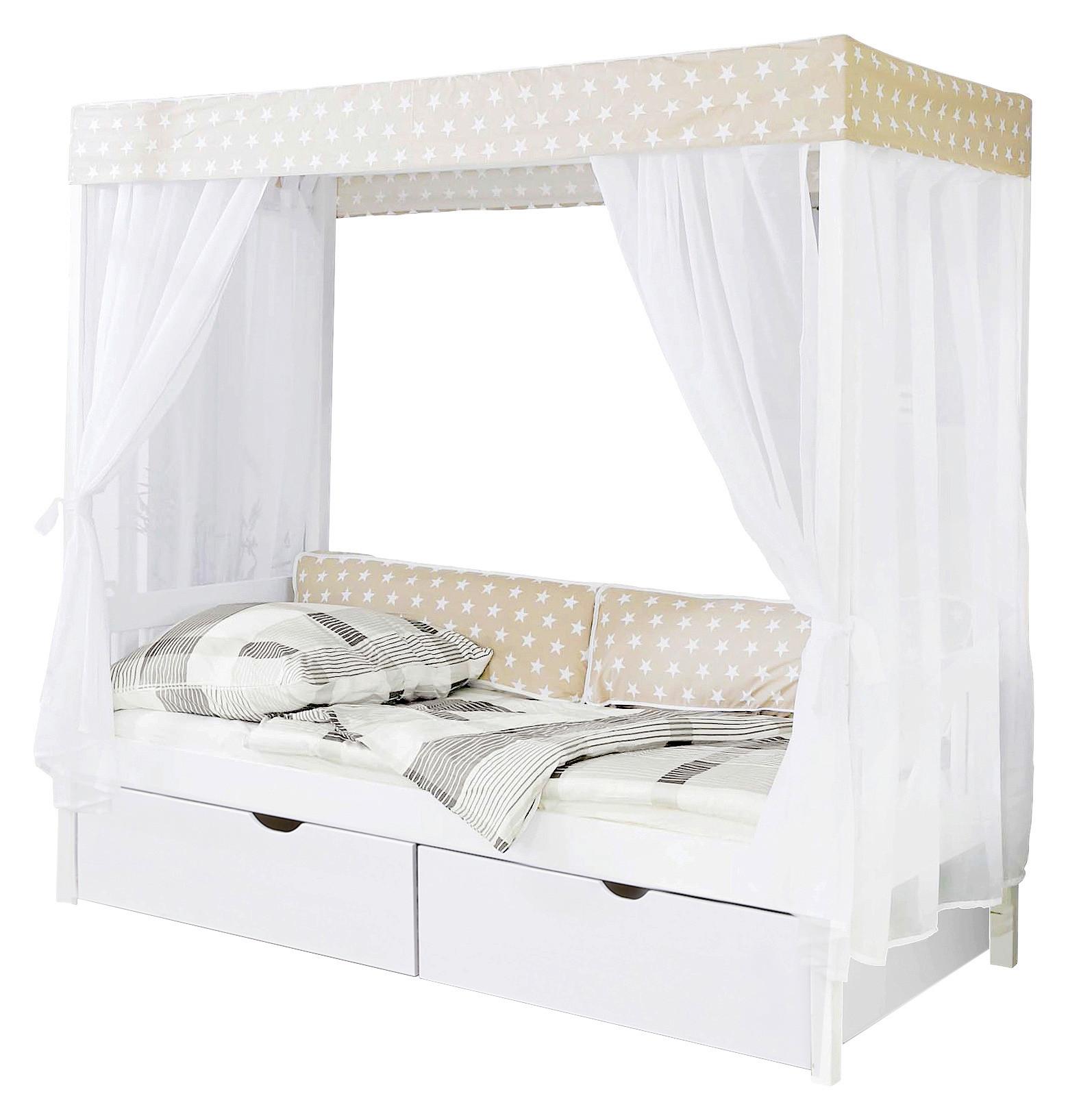 Posteľ s nebesami LINO záves béžovo-biely - biela/béžová, Modern, drevo (90/200cm) - MID.YOU