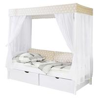 Posteľ s nebesami LINO záves béžovo-biely - biela/béžová, Modern, drevo (90/200cm) - MID.YOU