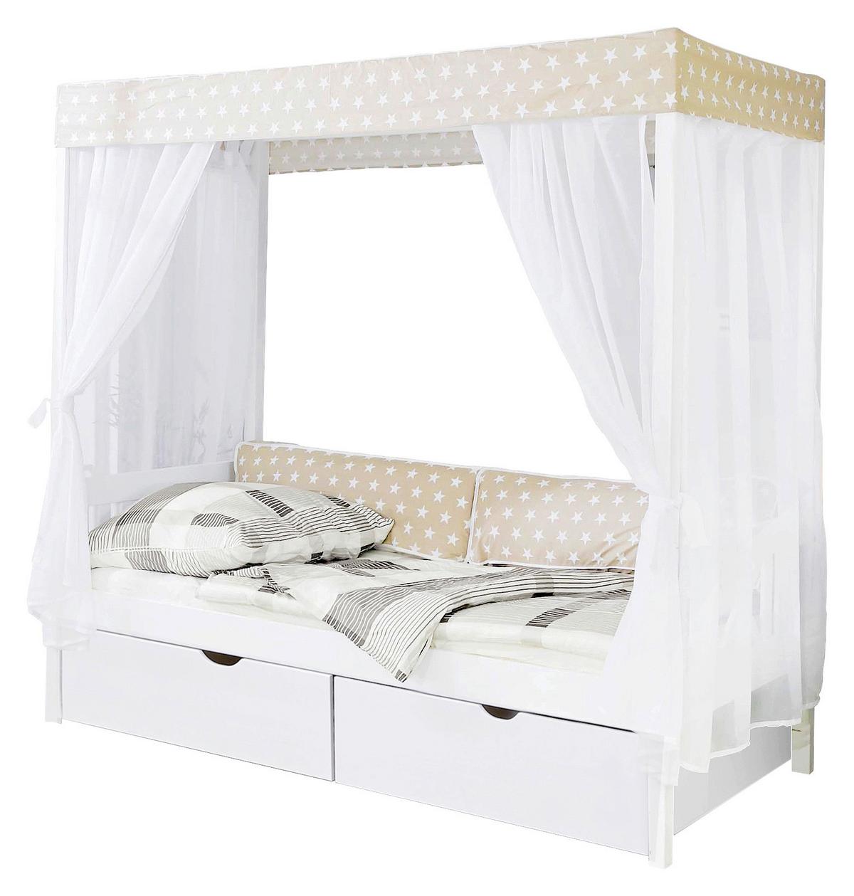 Posteľ s nebesami LINO záves béžovo-biely - biela/béžová, Modern, drevo (90/200cm) - MID.YOU