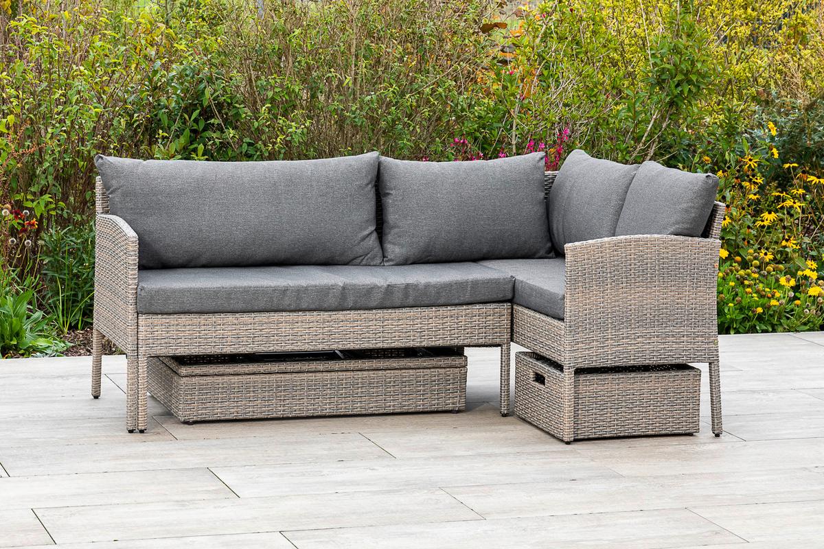 Loungegarnitur Viletta Aus Kunststoffgeflecht mit Kissen - Beige, MODERN, Glas/Kunststoff (190/113cm) - Gardenson