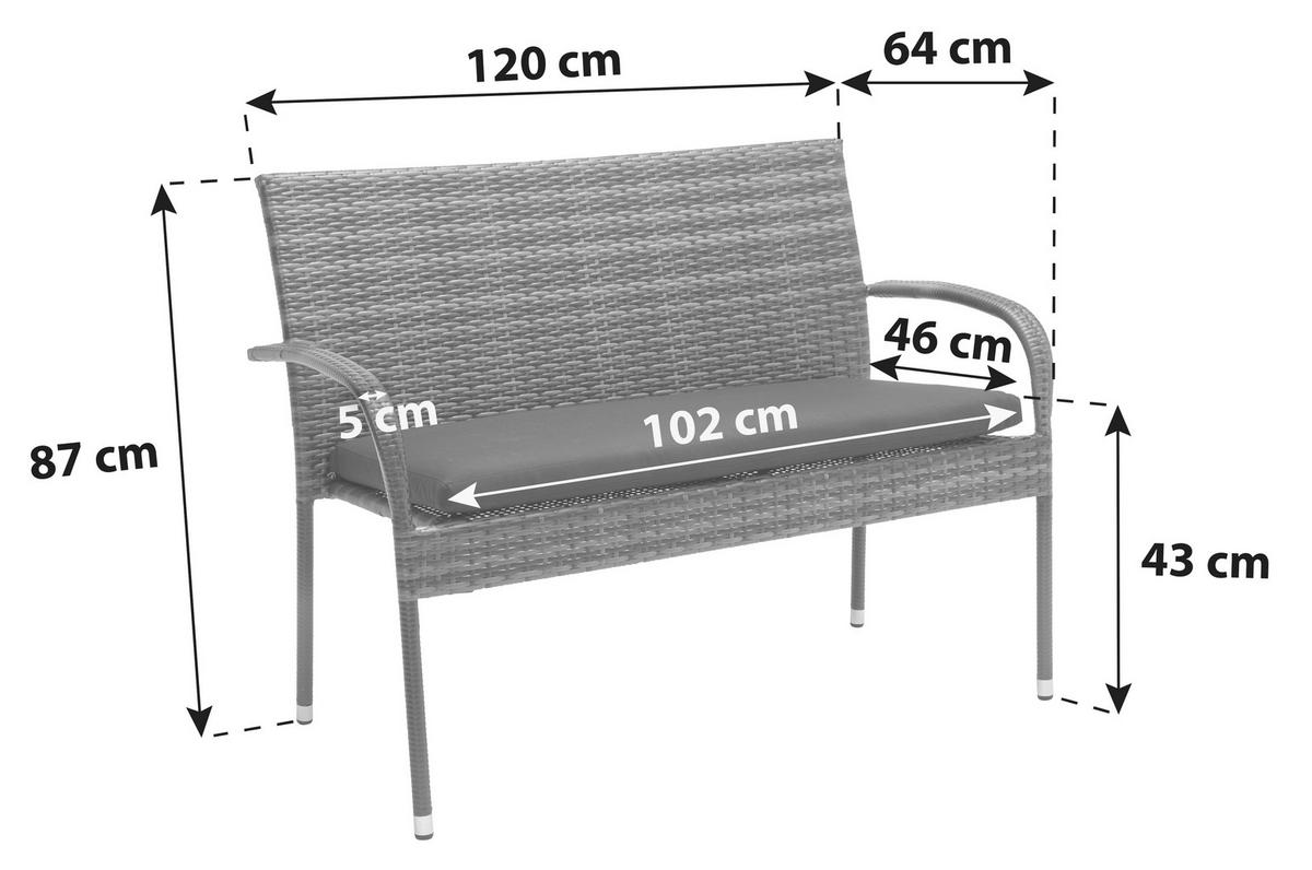 Gartenbank Polyrattan 2-Sitzer Marie inkl. Sitzpolster - Schwarz/Grau, Kunststoff/Textil (120/87/64cm) - Ondega