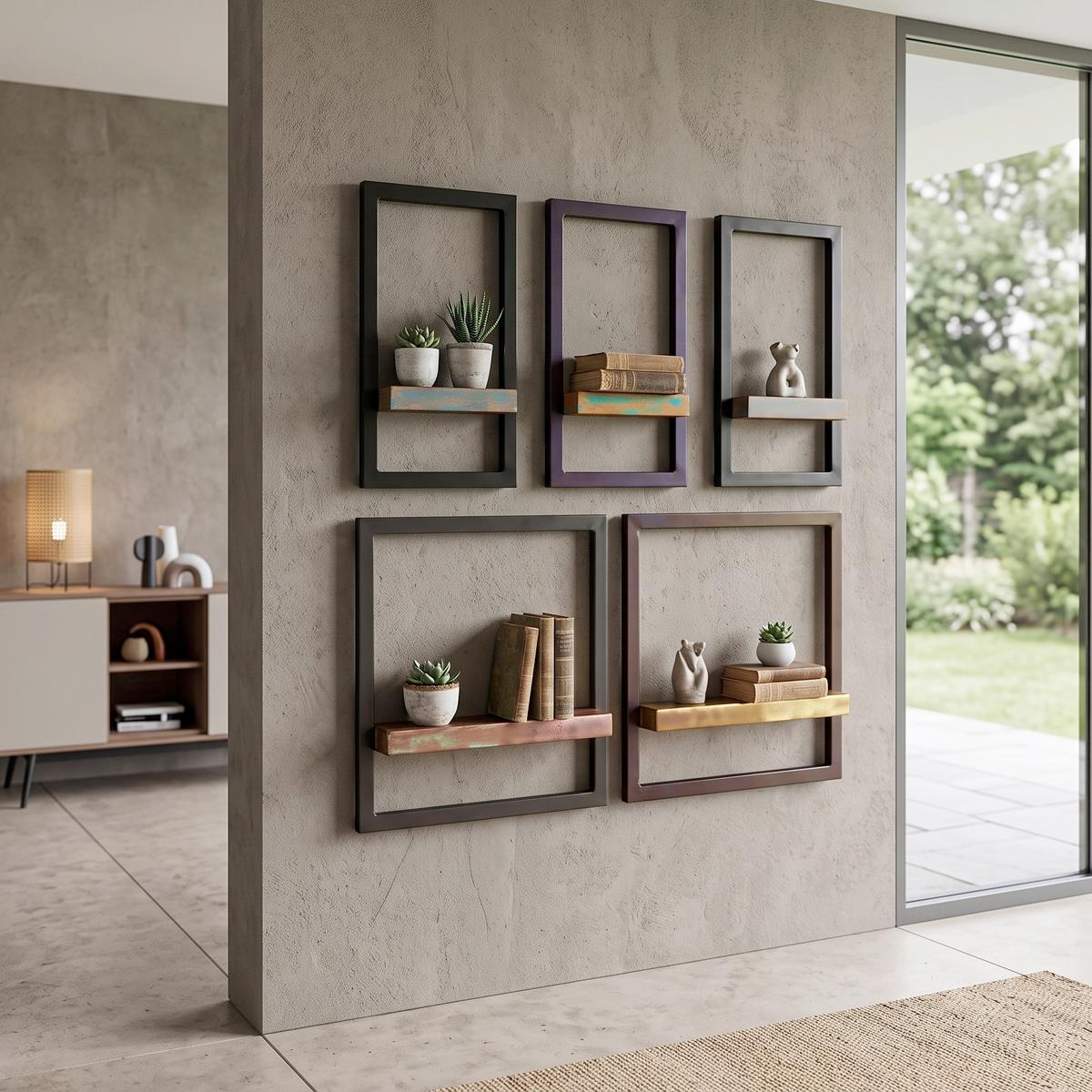 Wandregalset 5--teilig. Altholz/Schwarz B: 75cm - Multicolor/Schwarz, Design, Holz/Metall (75/75/25cm) - MID.YOU