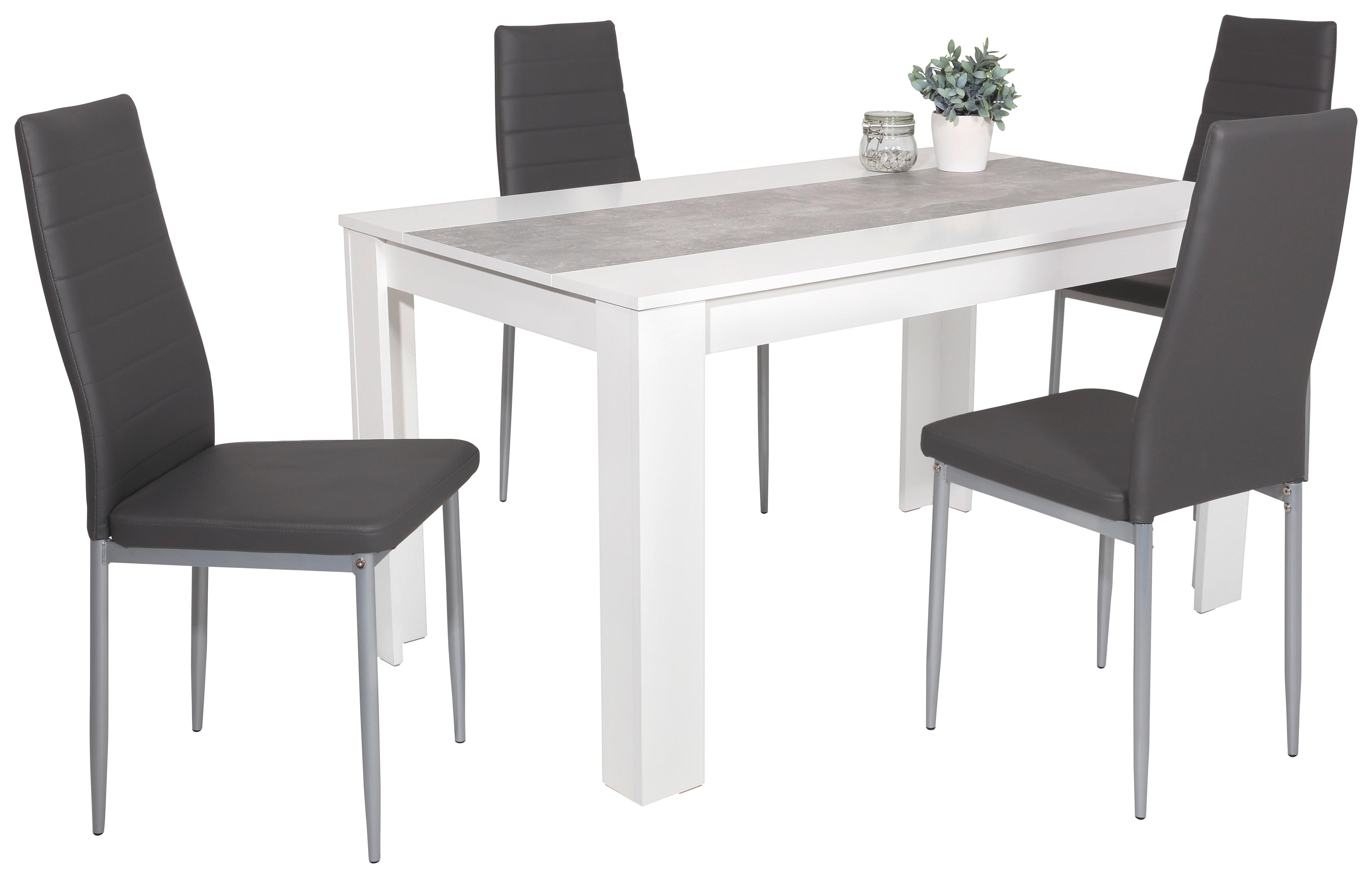 Esstisch in Weiß und vier graue, gepolsterte Stühle
