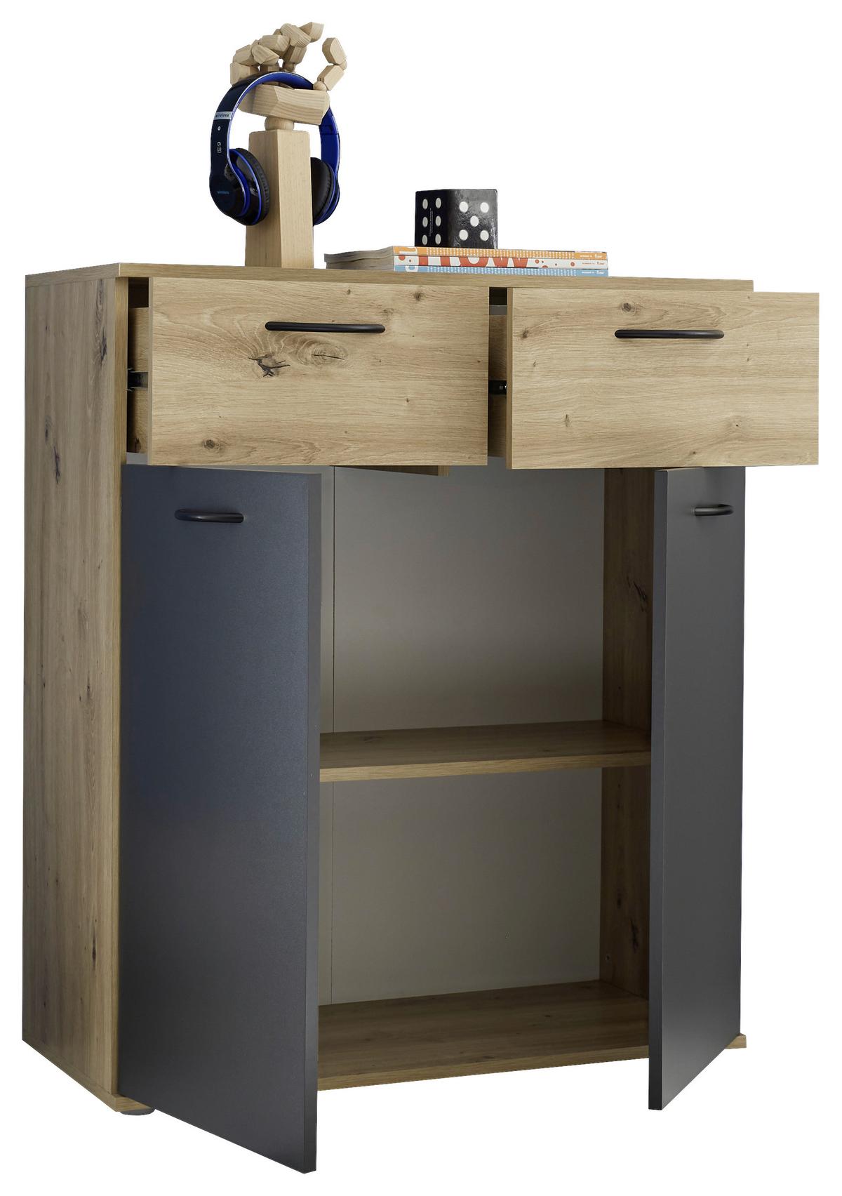 Kommode 80cm Liam Eiche Artisan Dekor - Schwarz/Graphitfarben, KONVENTIONELL, Holzwerkstoff (80/95/38cm)