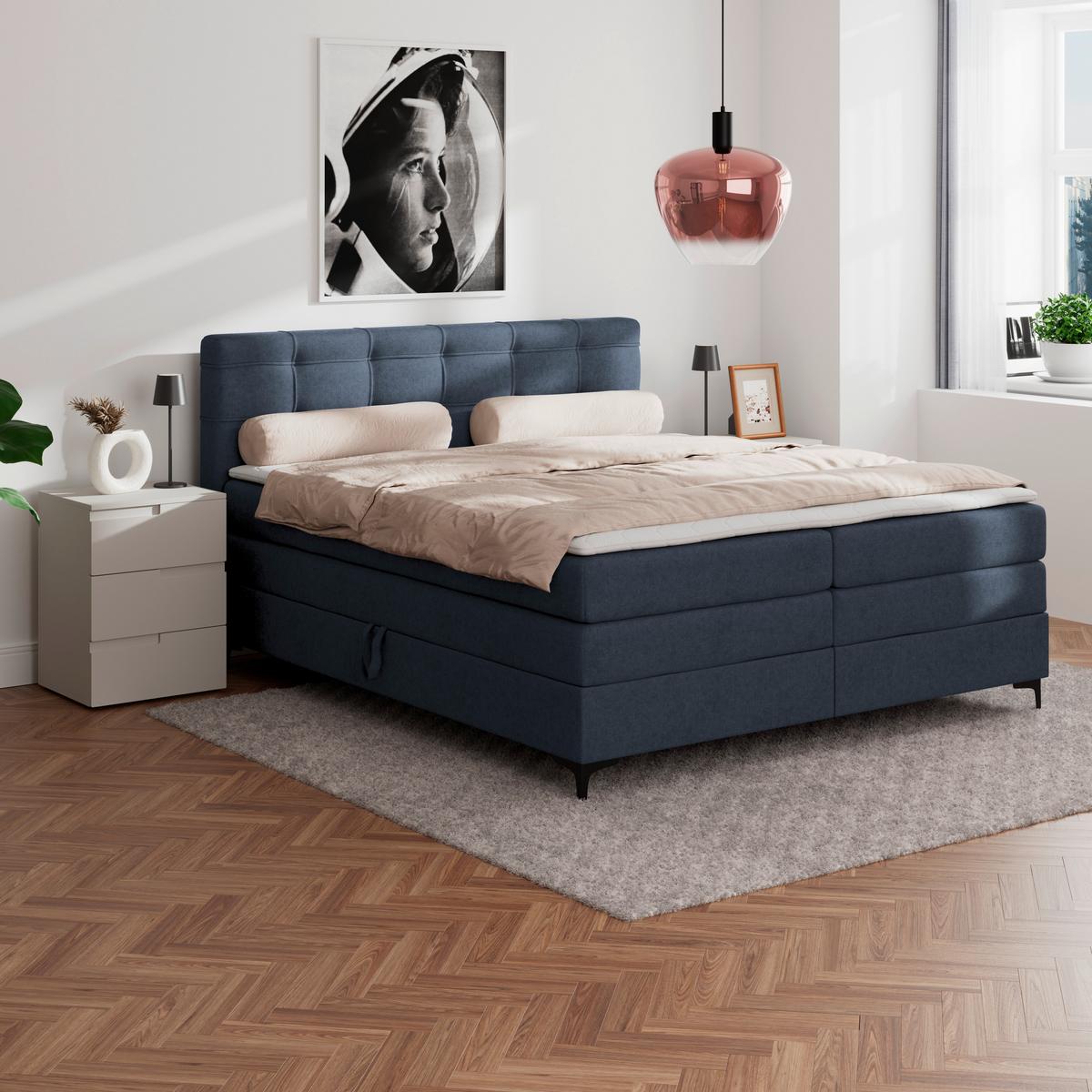 Boxspringbett MITTO Dunkelblau 200x200 cm - Schwarz/Dunkelblau, KONVENTIONELL, Textil/Metall (200/200cm)