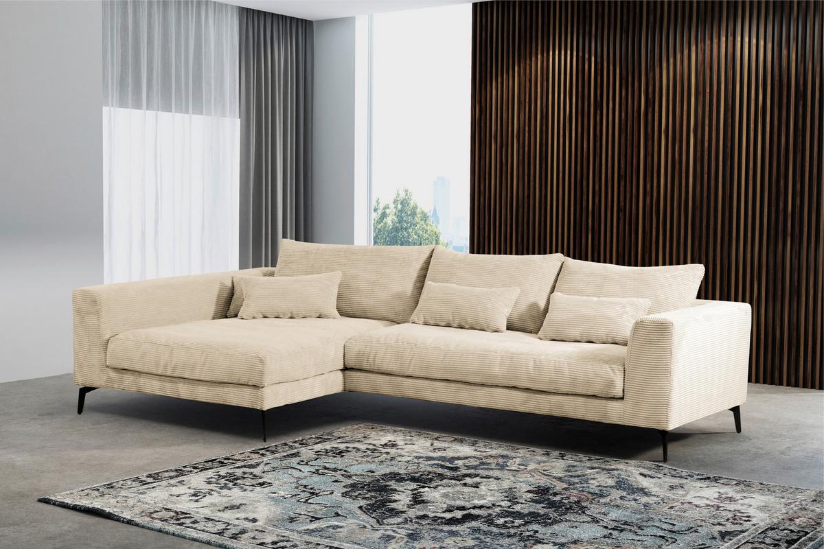 Ecksofa Berlin Cord Creme 172x313 cm - Creme/Schwarz, Design, Textil (172/313cm) - Livetastic