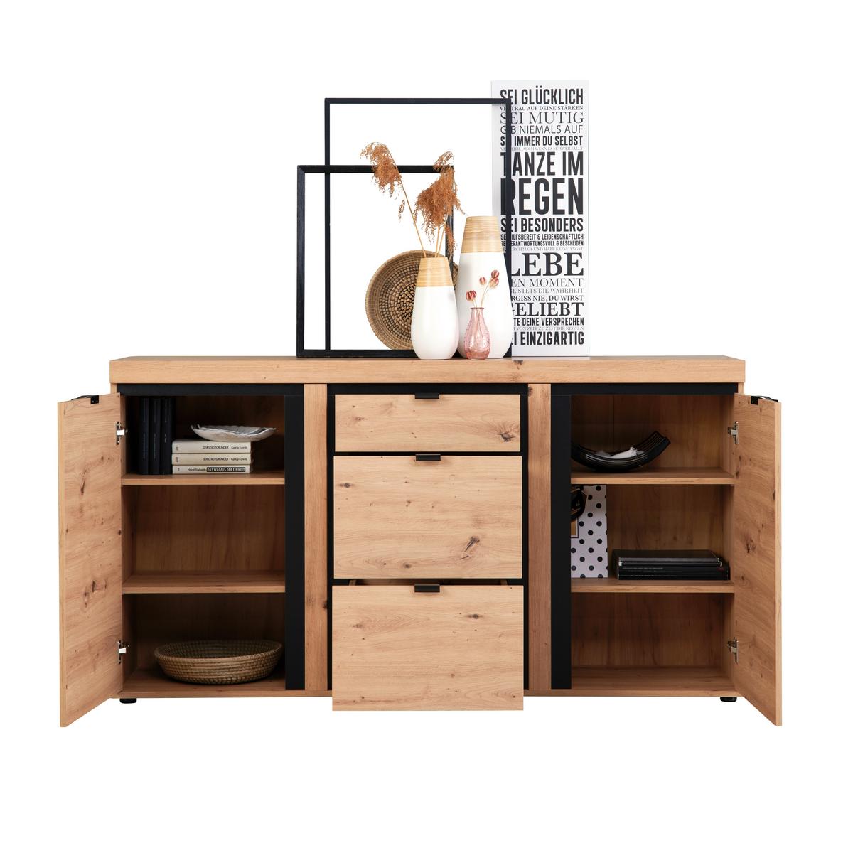 Sideboard Mit Soft-close B: 167,3 Cm Nyon, Eiche Dekor - Eichefarben/Schwarz, MODERN, Holzwerkstoff (167,3/90,9/40,5cm)
