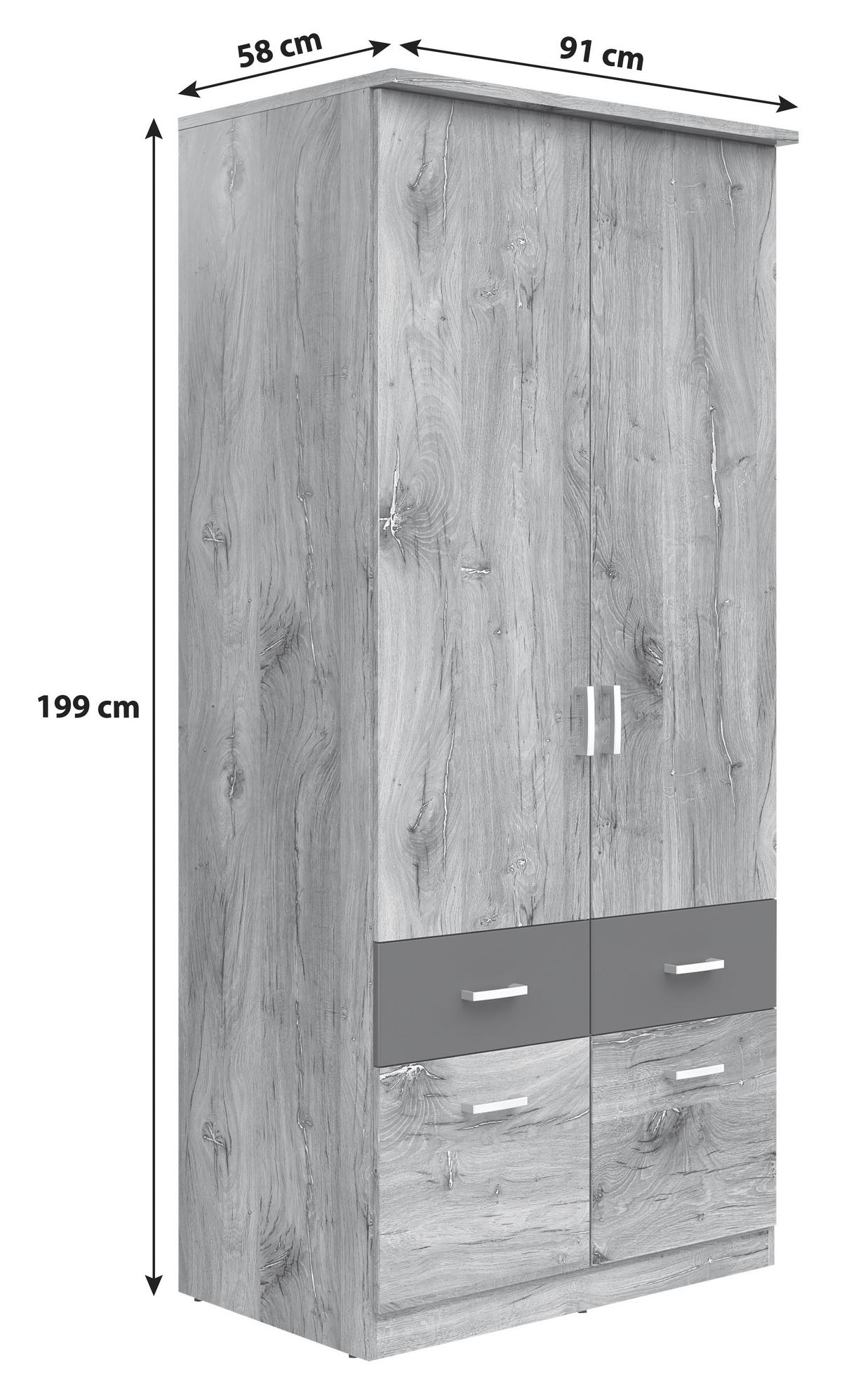 Skříň BRANDO 181cm barvy dubu/grafit - barvy dubu/barvy stříbra, Konvenční, kompozitní dřevo/plast (91/199/58cm)