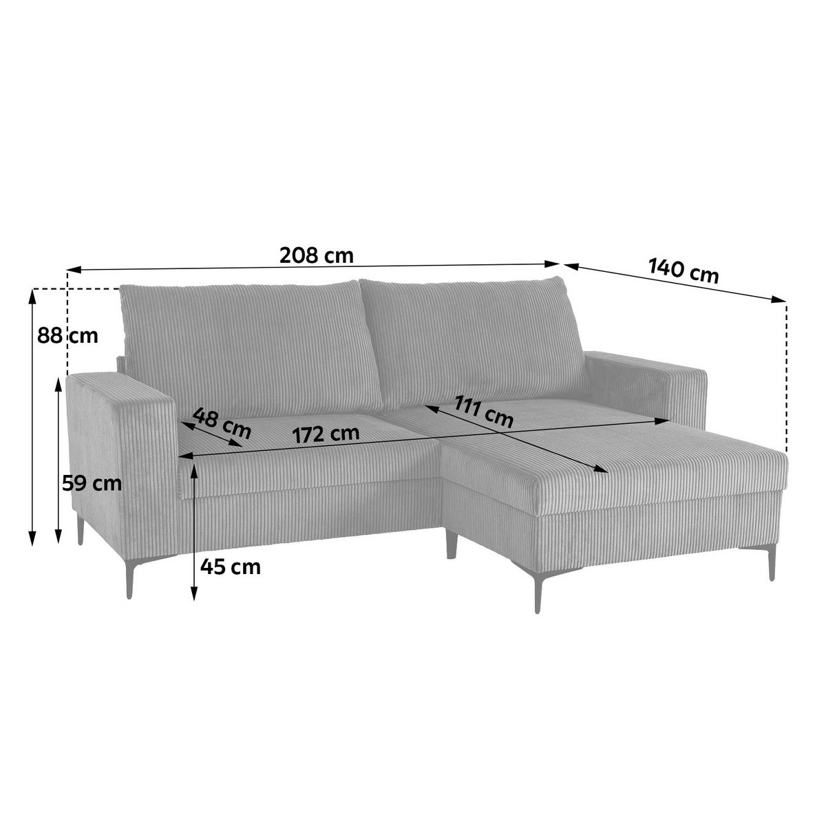 Ecksofa Toffee mit Kissen, Anthrazit Cord 208x140 cm - Anthrazit/Schwarz, Basics, Holz/Textil (208/140/88cm)