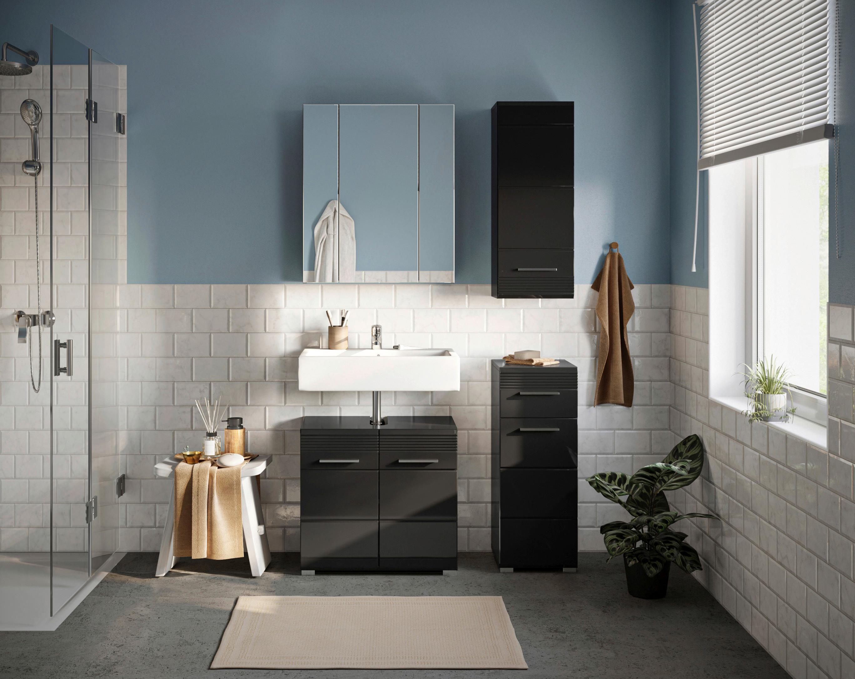 Badezimmer Linus Schwarz Hochglanz B:90cm - Schwarz Hochglanz/Silberfarben, MODERN, Glas/Holzwerkstoff (90cm) - MID.YOU