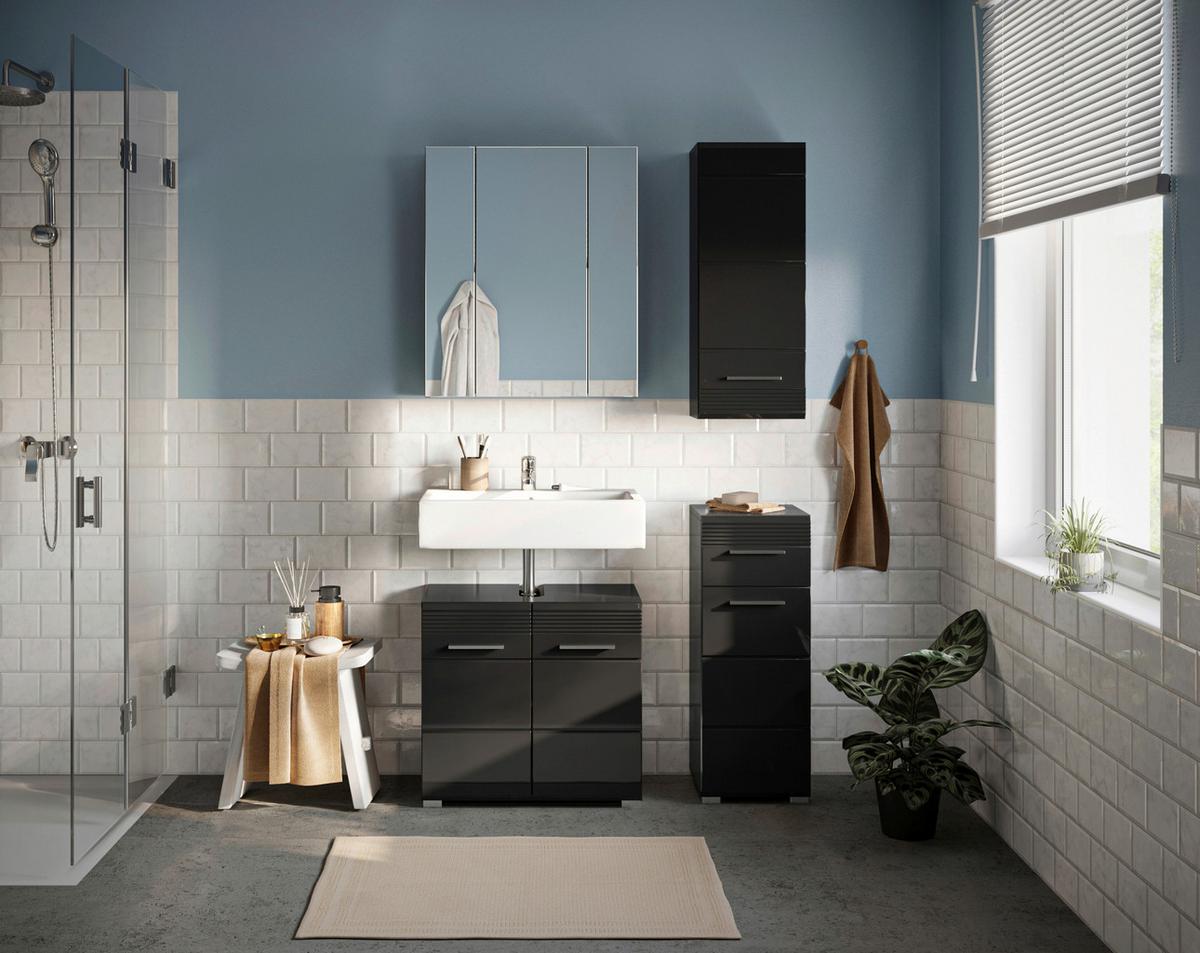 Badezimmer Linus Schwarz Hochglanz B:90cm - Schwarz Hochglanz/Silberfarben, MODERN, Glas/Holzwerkstoff (90cm) - MID.YOU