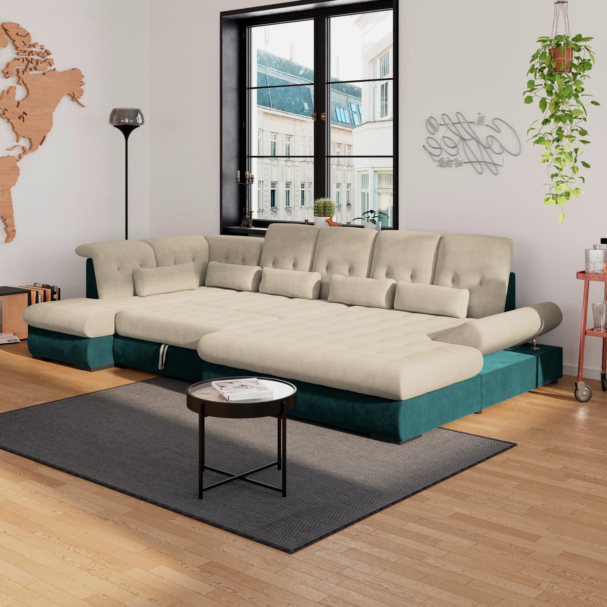 Wohnlandschaft Madera Cremefarben U: 212x358x190 cm - Türkis/Creme, KONVENTIONELL, Kunststoff/Textil (212/358/190cm)