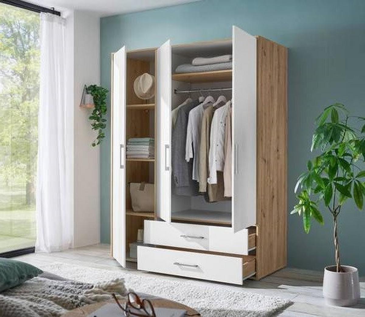 Šatníková skriňa LEMBO - biela/dub artisan, Konventionell, kompozitné drevo/plast (155/195/60cm)