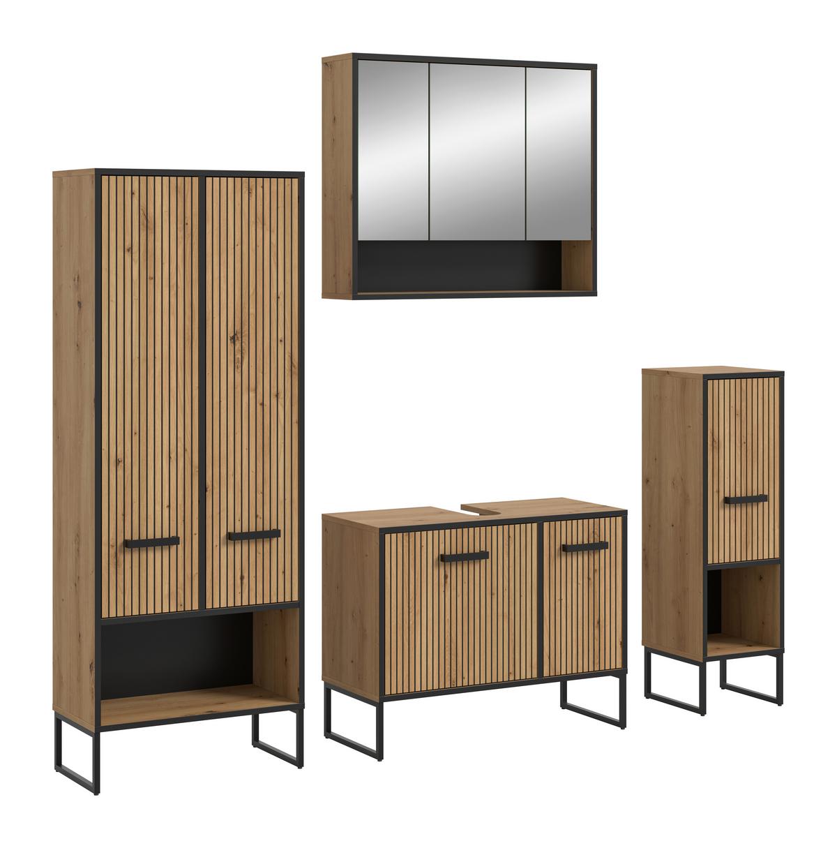 Badezimmer Bagno Schwarz /Eiche Artisan Dekor B: 169cm - Schwarz/Eiche Artisan, Trend, Glas/Holzwerkstoff (169cm) - MID.YOU
