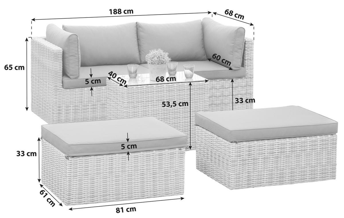 Loungegarnitur 4-Tlg. Licosa Metall/Kunststoff/Glas/Textil - Dunkelgrau/Grau, KONVENTIONELL, Glas/Kunststoff (88/65/68cm) - Gardenson