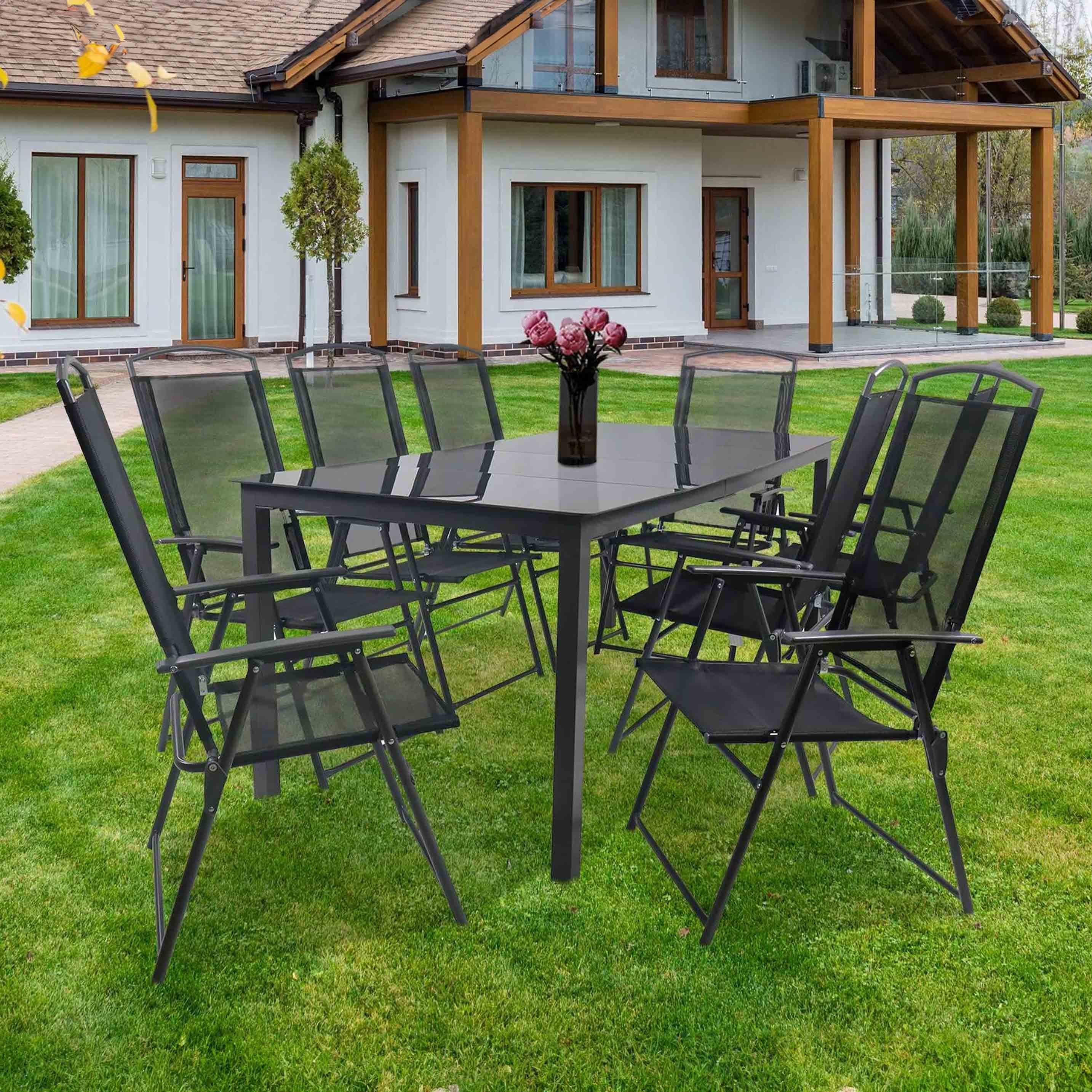 Gartentischgruppe 9-Tlg. Vcm aus Aluminium - Anthrazit/Schwarz, Basics, Glas/Textil - Gardenson