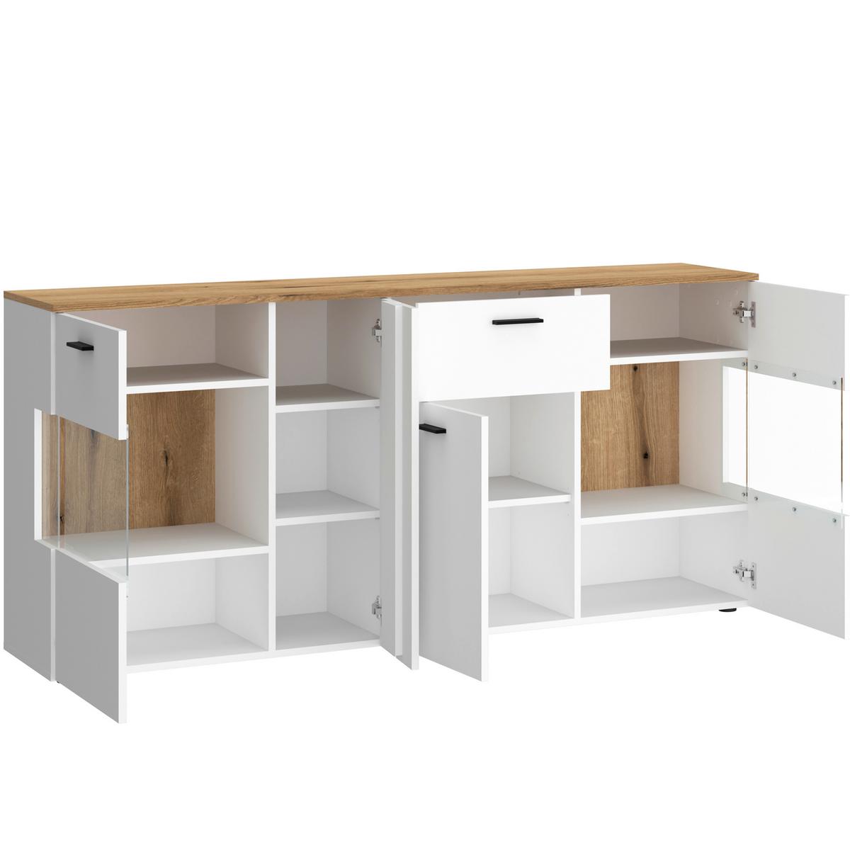 Sideboard Dalano Weiß/eichefarben B: 173,5 Cm - Eichefarben/Schwarz, Trend, Glas/Holzwerkstoff (173,5/83,4/42cm) - MID.YOU