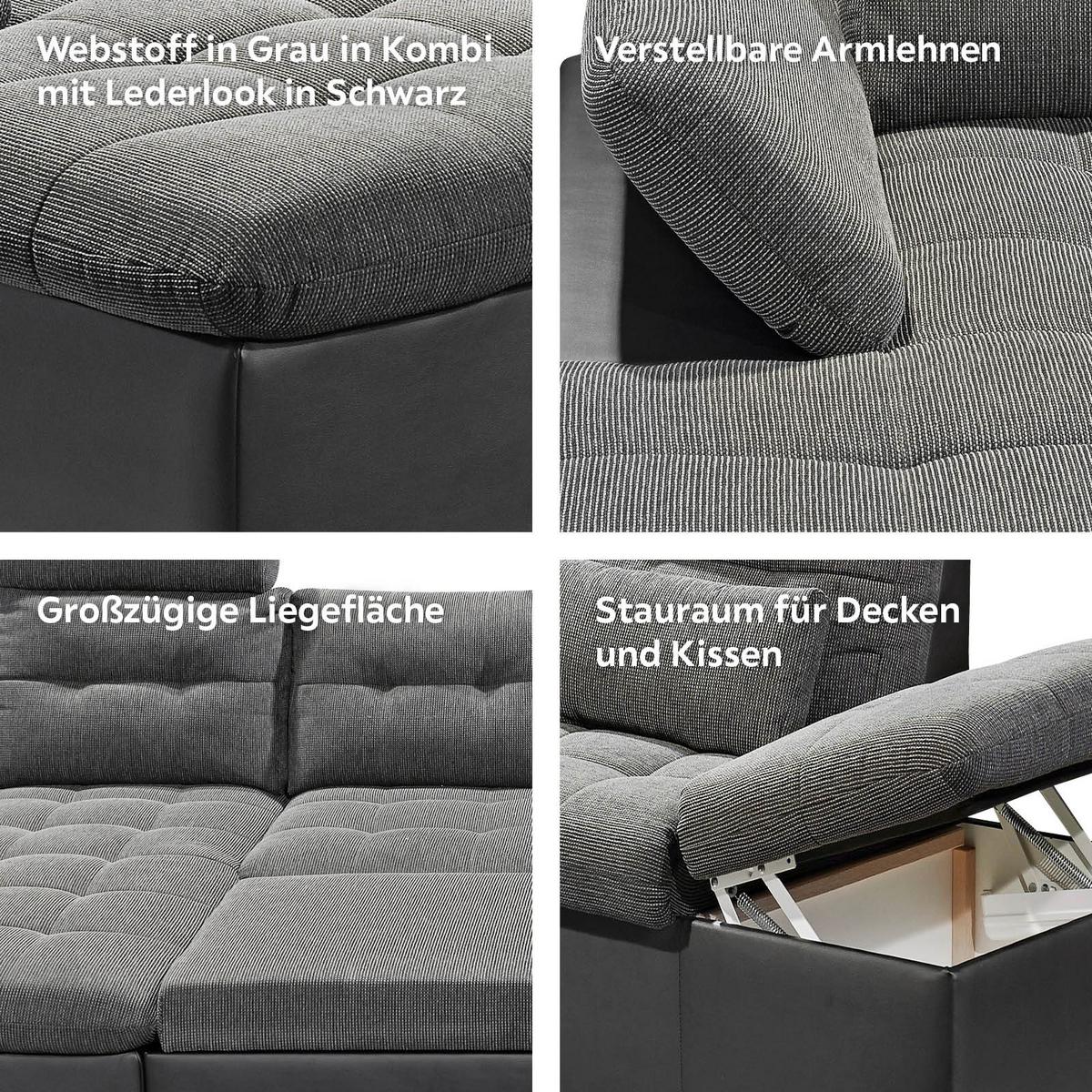 Wohnlandschaft Jakarta Mit Schlaffunktion Grau/schwarz - Chromfarben/Schwarz, Design, Textil (170/324/218cm) - MID.YOU