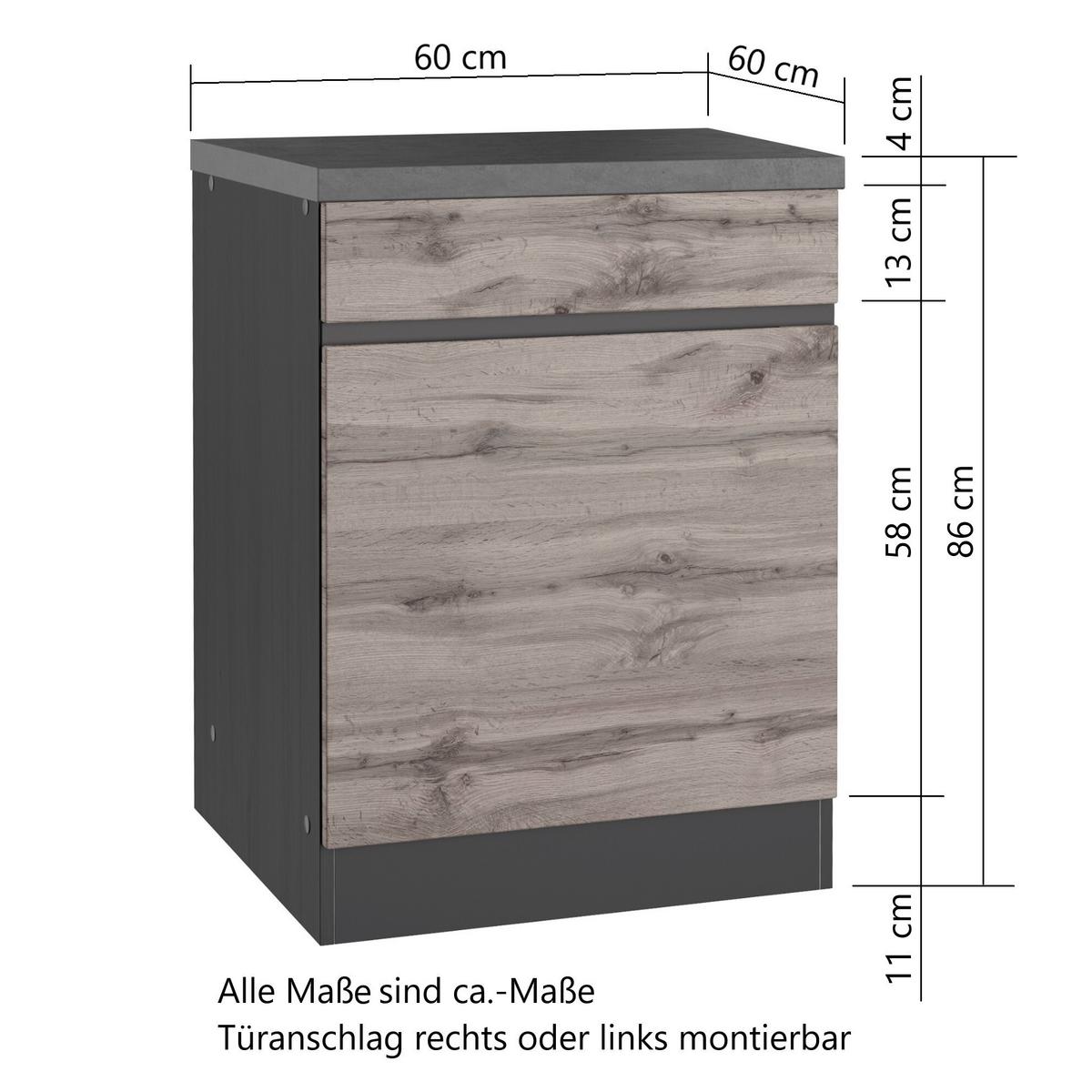 Küchenunterschrank Turin B: 60 cm Graphitfarben/Eiche Dekor - Eiche Wotan/Graphitfarben, Design (60/86/60cm) - Held