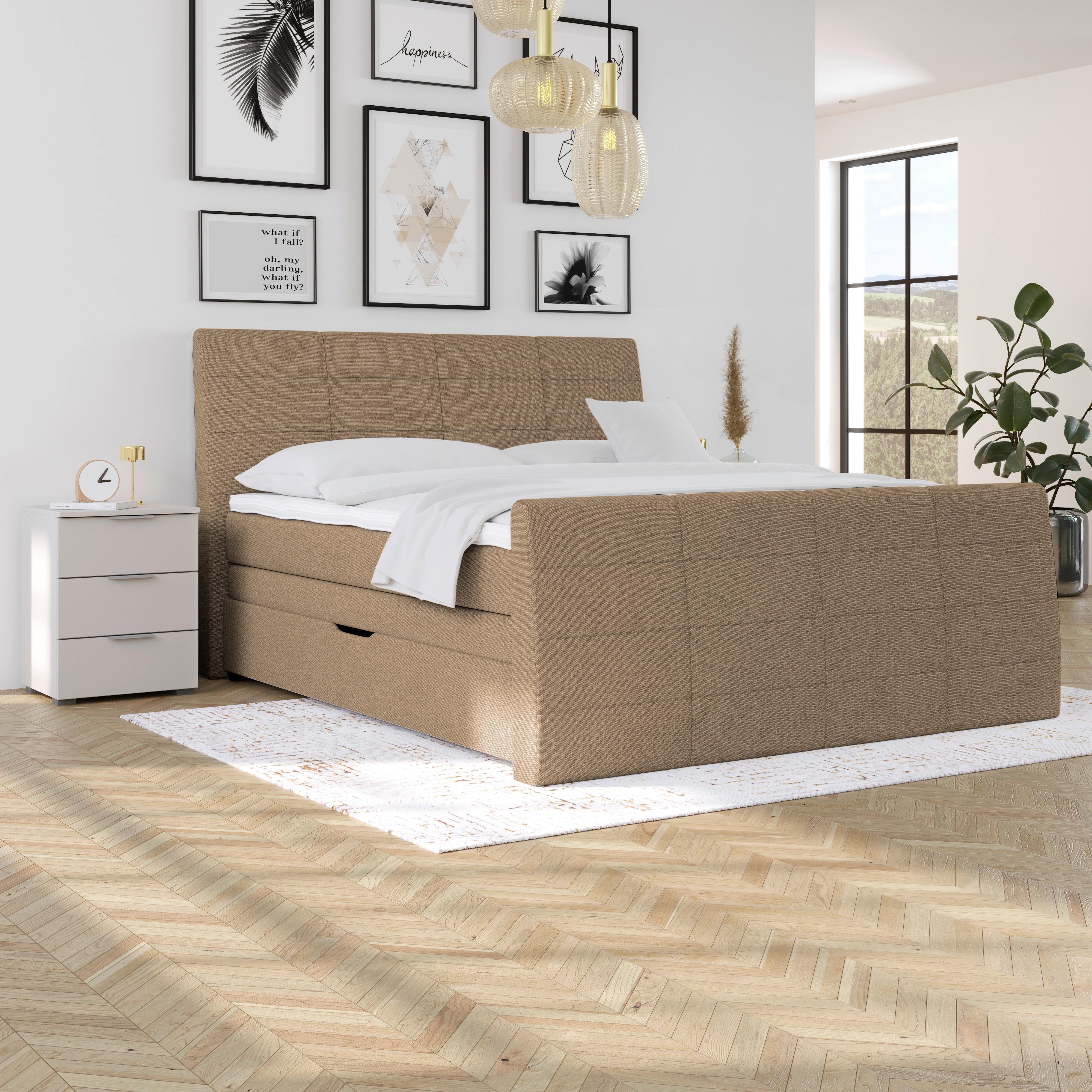 Boxspringbett Libra - Hellbraun/Schwarz, KONVENTIONELL, Textil (160/200cm)