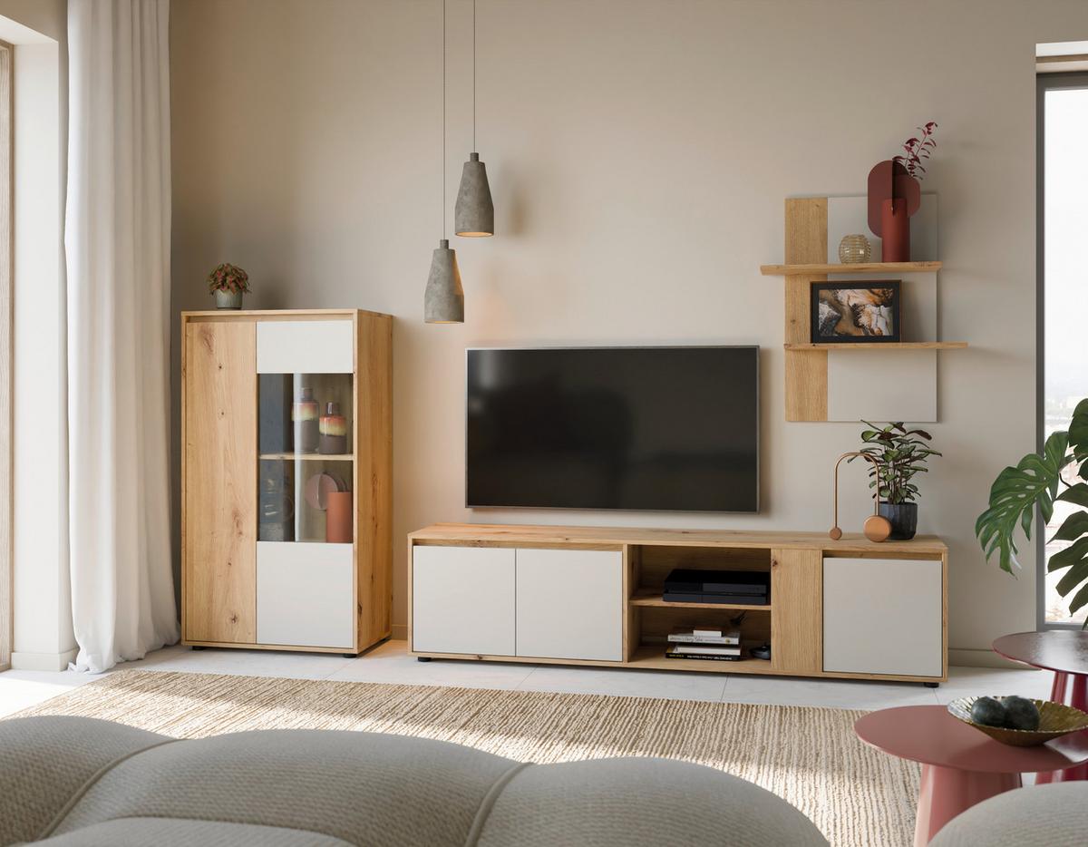 Wohnwand Caneva Eiche Artisan/Kaschmir B:267cm - Kaschmir/Eiche Artisan, MODERN, Glas/Holzwerkstoff (267,5/135/40cm) - Modern Living