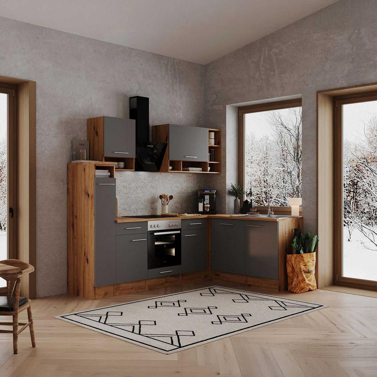 Eckküche mit Geräten 250 cm Grau/Wildeichefarben - Eichefarben/Grau, Basics, Holzwerkstoff (250/172cm) - Respekta