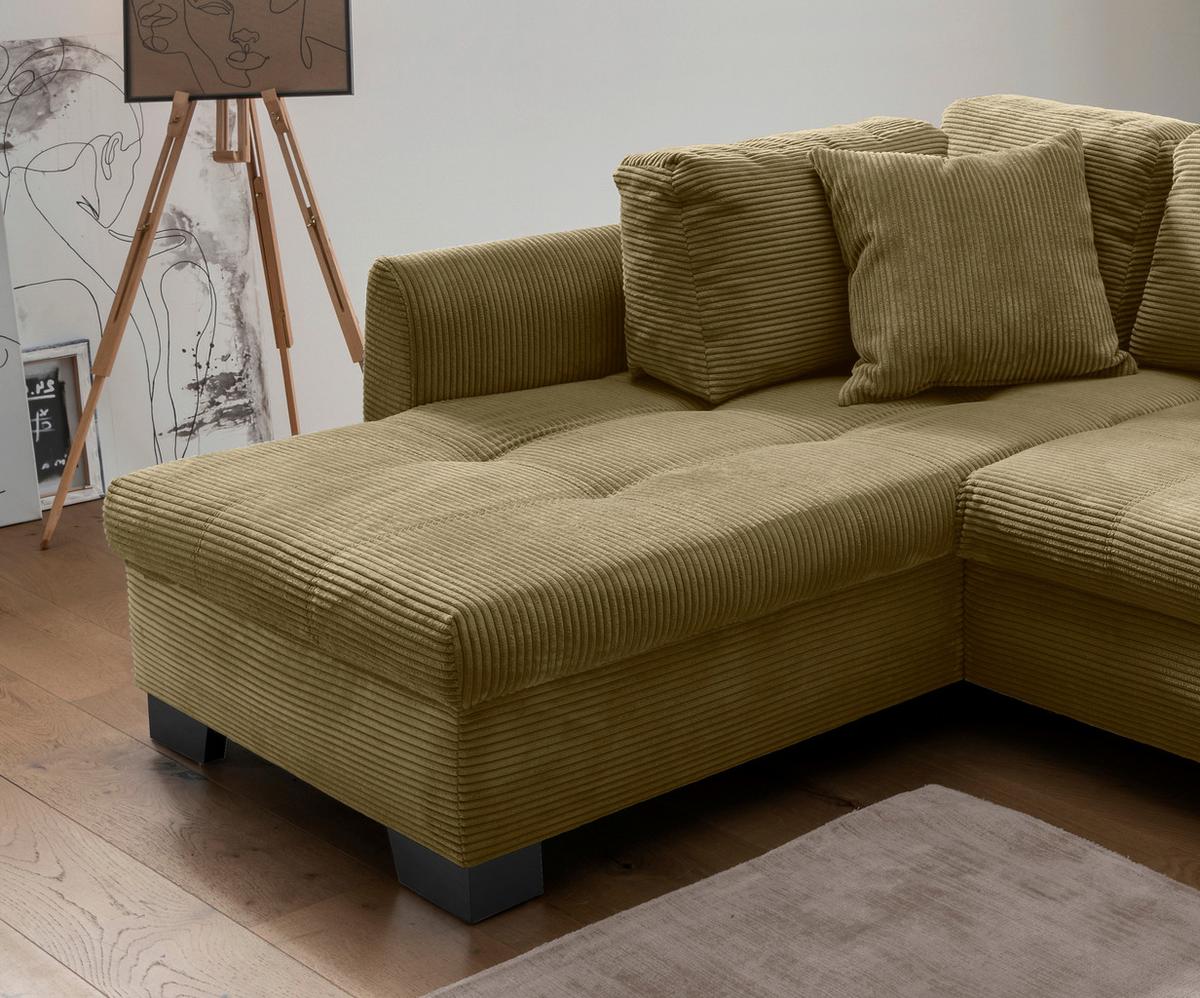 Ecksofa mit Schlaffunktion Flora Olivgrün Cord - Schwarz/Olivgrün, Design, Textil (190/250cm) - MID.YOU