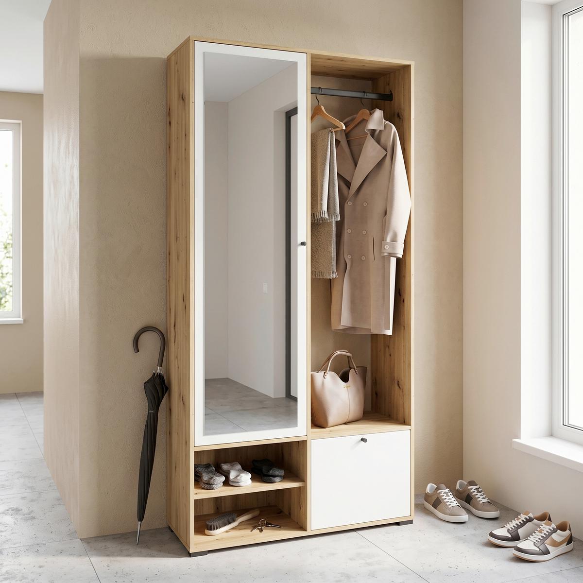 Garderobe Dino Weiß Eiche Artisan Dekor B: 90 cm - Weiß/Eiche Artisan, Trend, Holzwerkstoff (90/190/33cm) - P & B