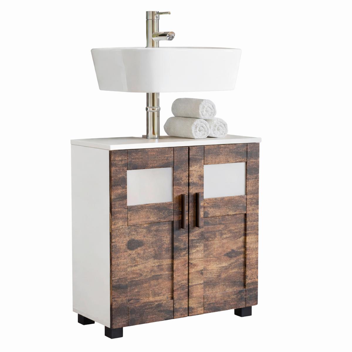 Waschbeckenunterschrank Nilari Weiß/Eichefarben B: 60cm - Eichefarben/Weiß, Trend, Glas/Holzwerkstoff (60/60/29cm) - MID.YOU
