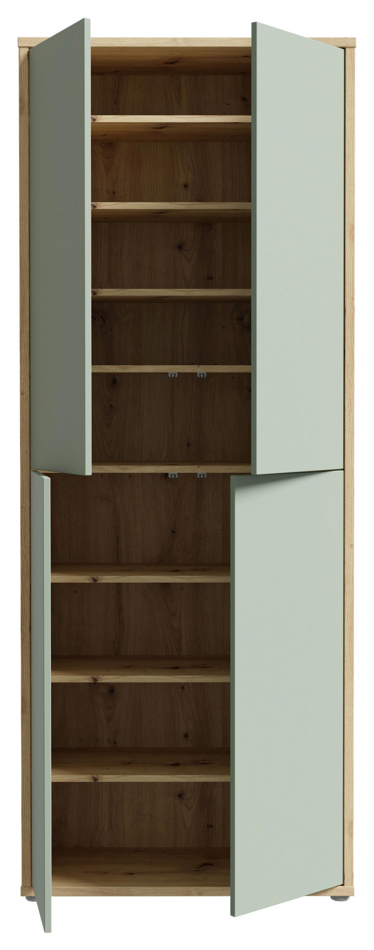 Skříň na boty, pastelově zelená/dub artisan - šedá/šalvějově zelená, Moderní, kompozitní dřevo/plast (74,5/191,9/34,9cm)