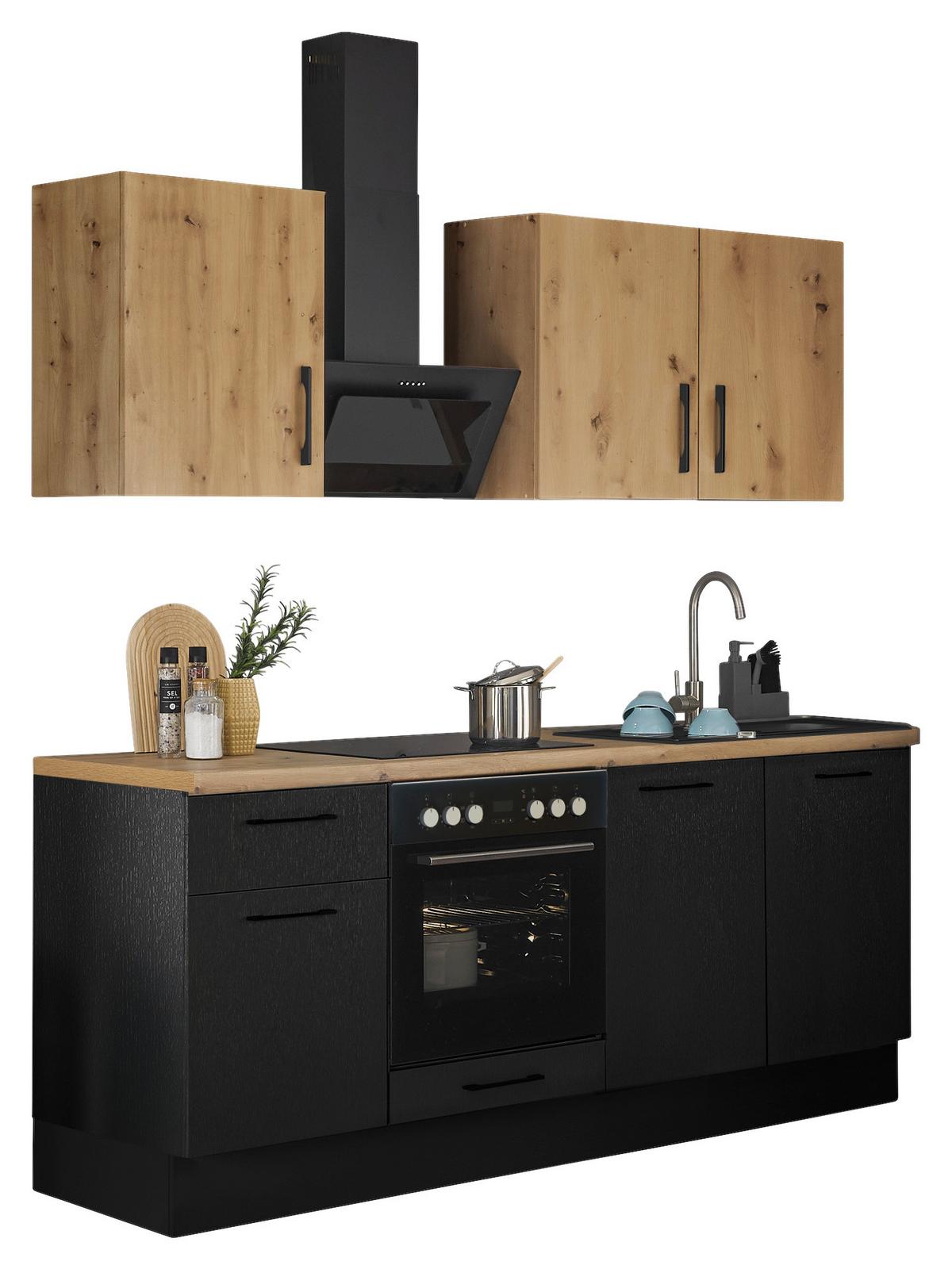 Küchenblock Turin Schwarz/Eiche Dekor B: 210 cm - Schwarz/Eiche Artisan, Basics, Holzwerkstoff (210cm) - MID.YOU