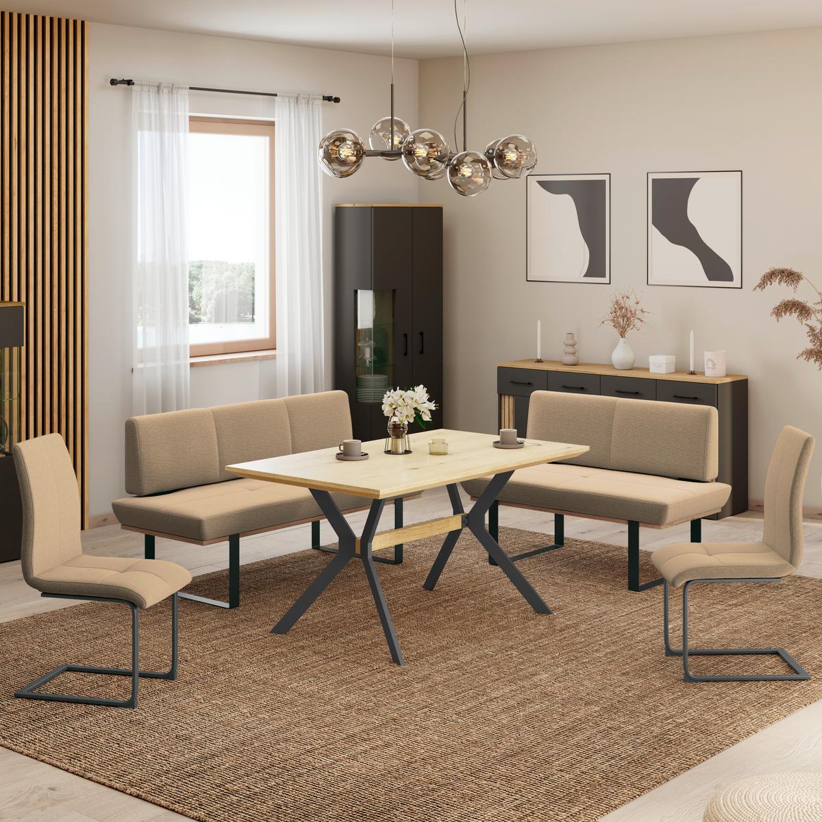 Sitzbank Tristan Webstoff beige, B: 170cm - Beige/Schwarz, MODERN, Holz/Textil (170/48/90cm) - James Wood