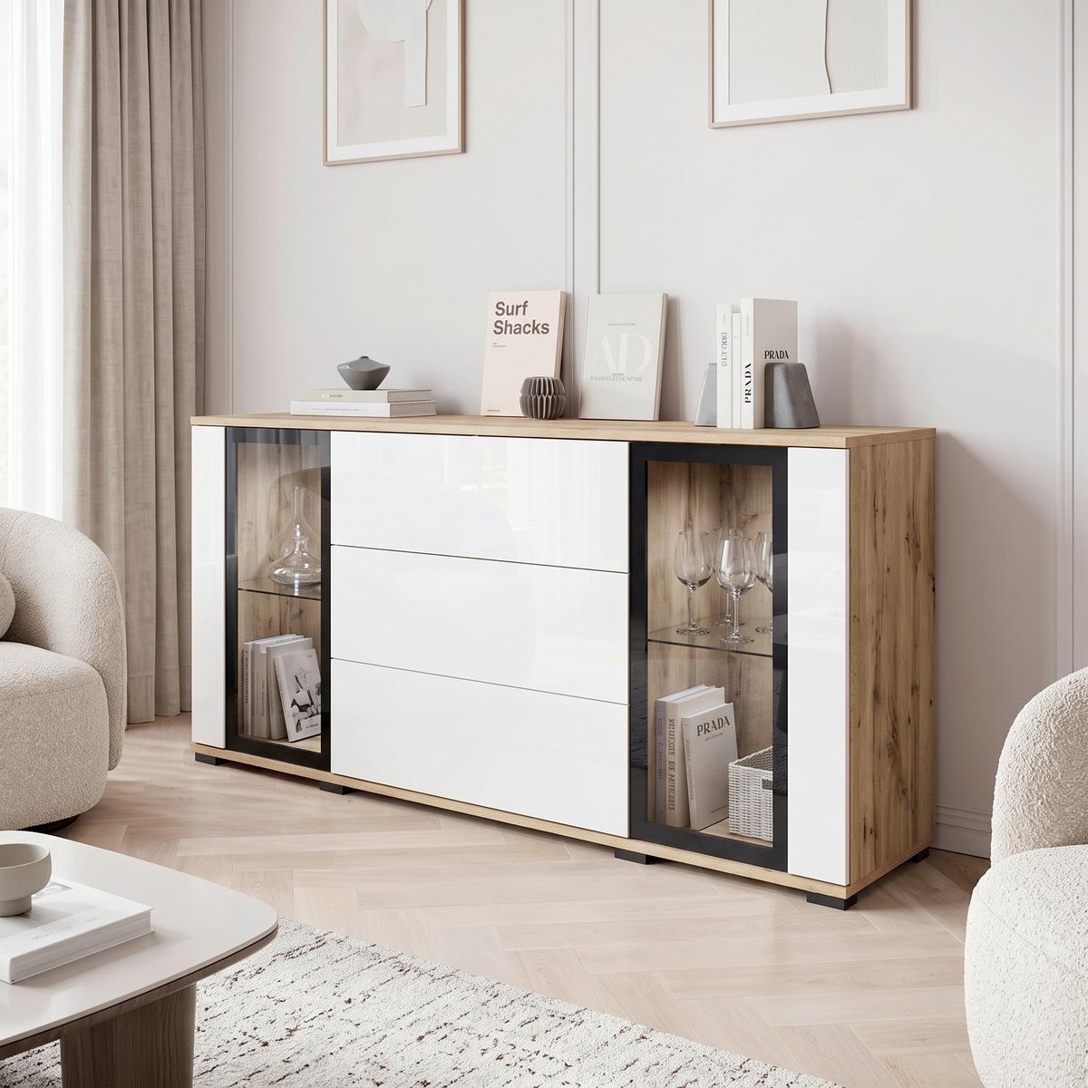 ŠIROKÁ KOMODA CARO 150 - čierna/biela s vysokým leskom, Design, kompozitné drevo/plast (150/69,7/39,5cm) - Livetastic