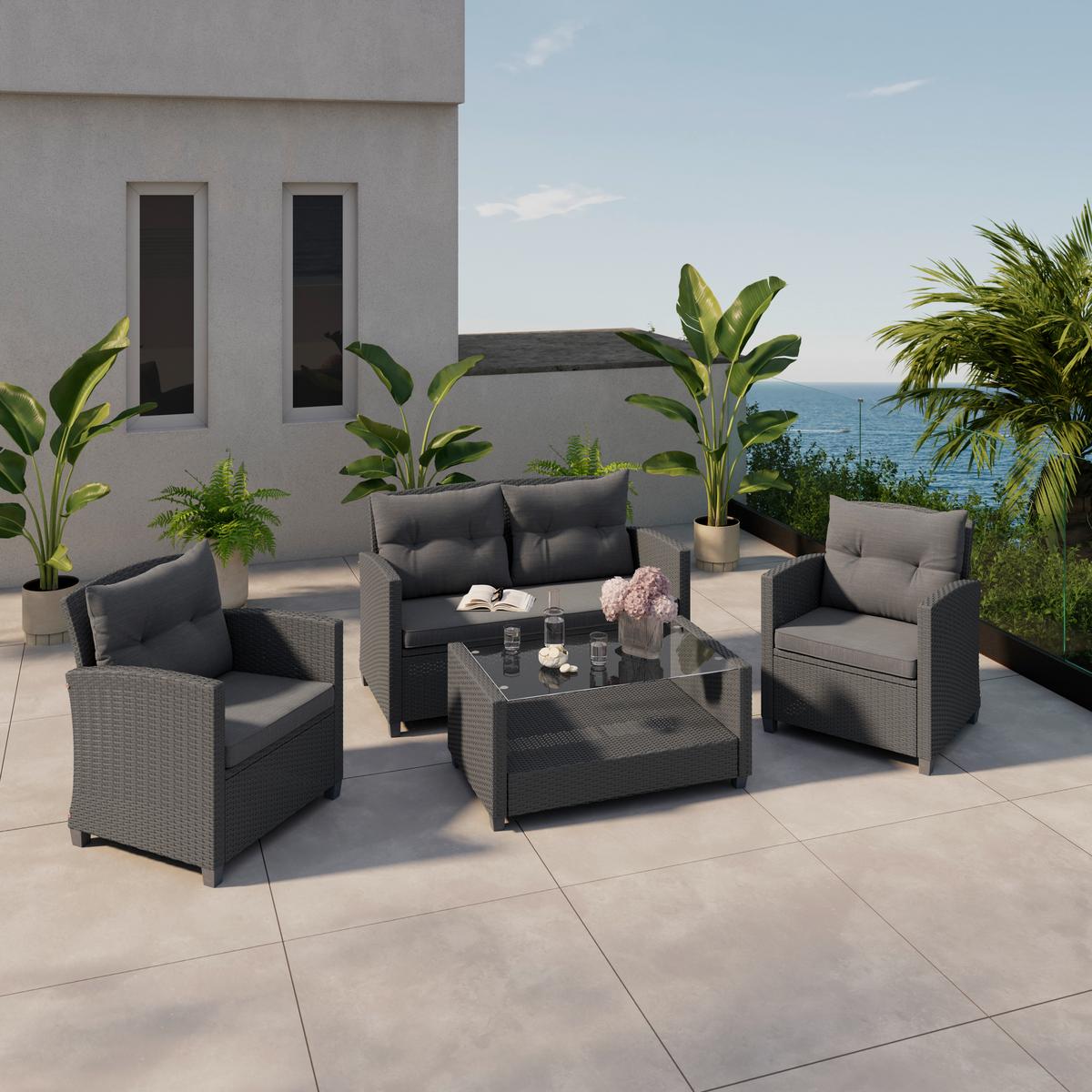 Loungegarnitur Nelson - Schwarz, MODERN, Glas/Kunststoff - Beldano