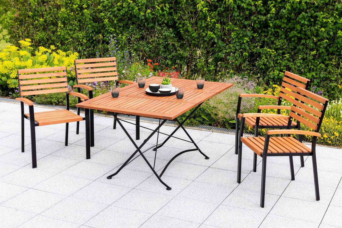 Gartentischgruppe 5tlg. Set - Schwarz/Naturfarben, KONVENTIONELL, Holz/Metall - Gardenson