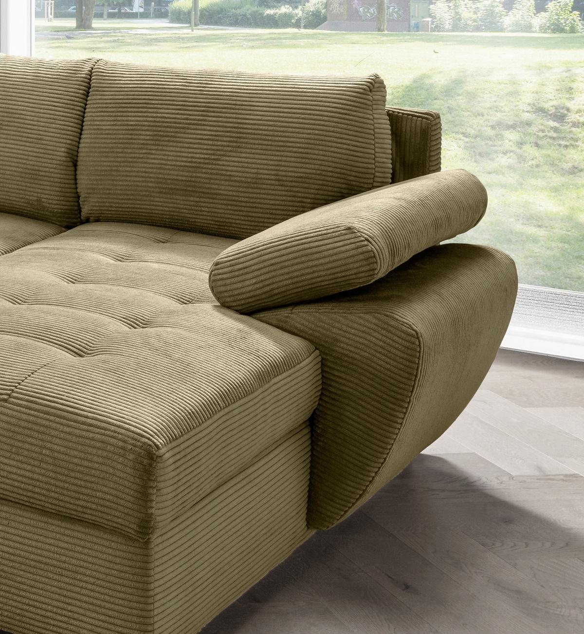 Wohnlandschaft Terana mit Schlaffunktion, Olivgrün - Chromfarben/Olivgrün, KONVENTIONELL, Textil (219/305/157cm) - Livetastic