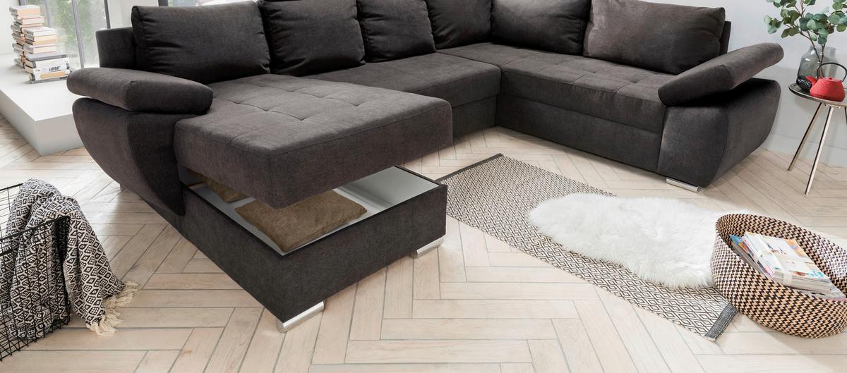 Wohnlandschaft Terana mit Schlaffunktion, Braun - Taupe/Chromfarben, KONVENTIONELL, Textil (157/305/219cm) - P & B